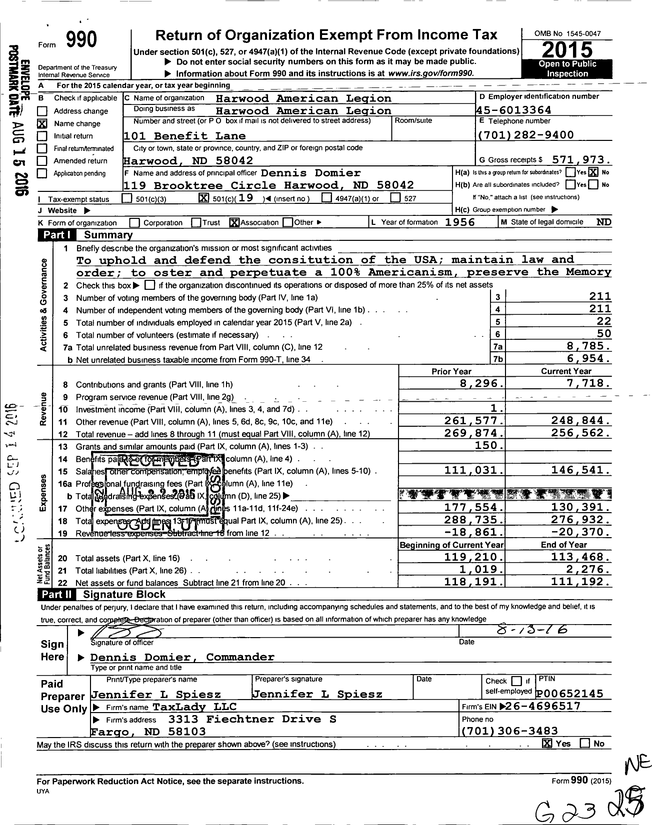 Image of first page of 2015 Form 990O for Harwood American Legion Post 297