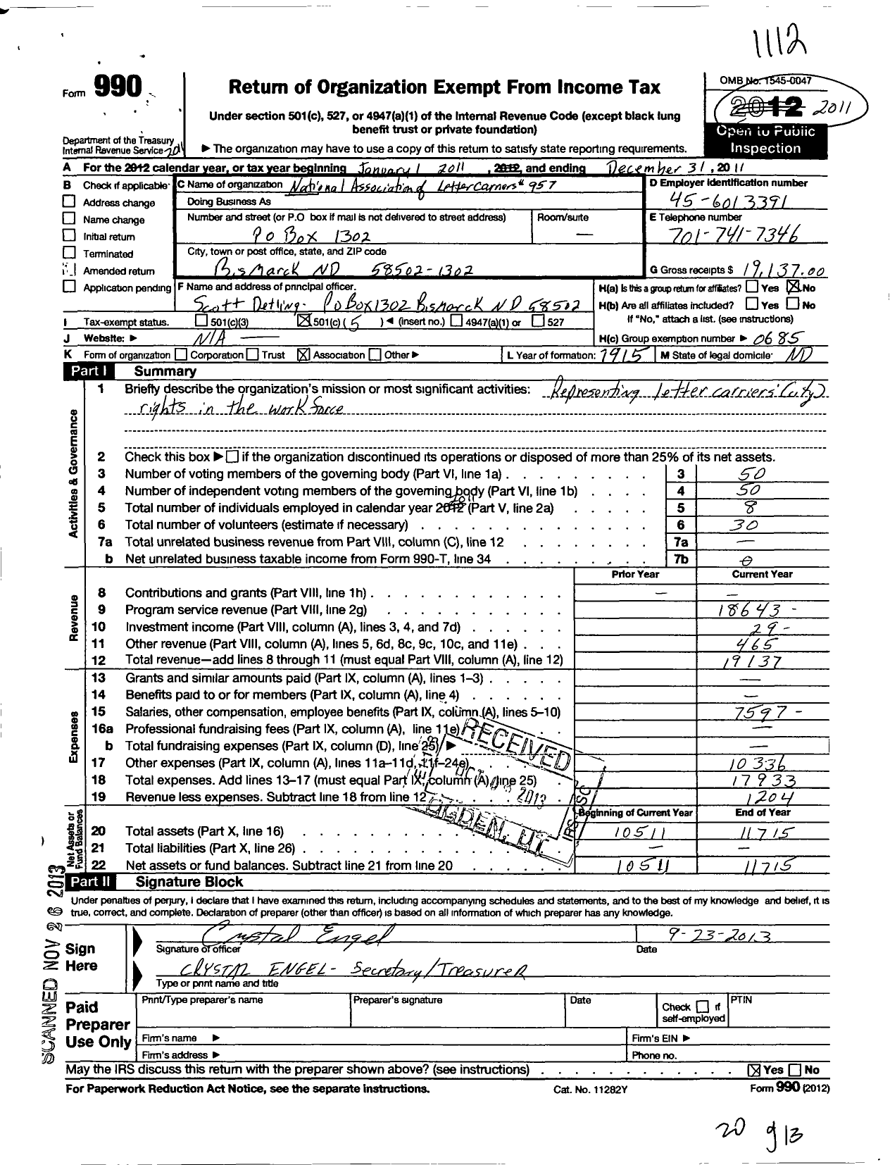 Image of first page of 2011 Form 990O for National Association of Letter Carriers - 0957 Bismarck North Dakota