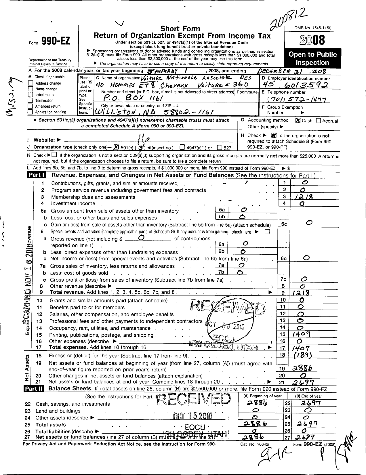 Image of first page of 2008 Form 990EO for The Forty and Eight - 360 Voiture Locale