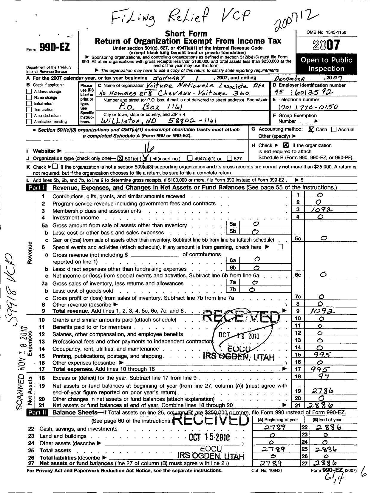 Image of first page of 2007 Form 990EO for The Forty and Eight - 360 Voiture Locale