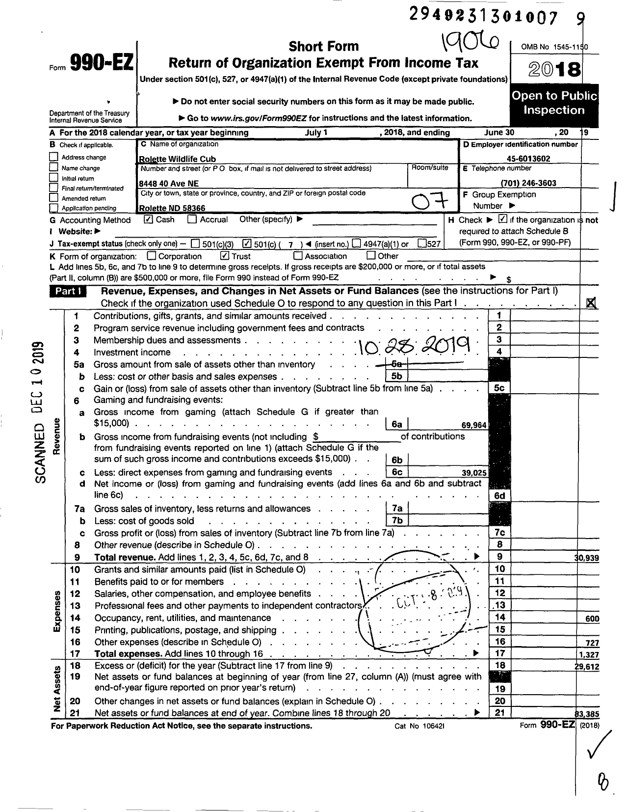 Image of first page of 2018 Form 990EO for Rolette Wildlife Club