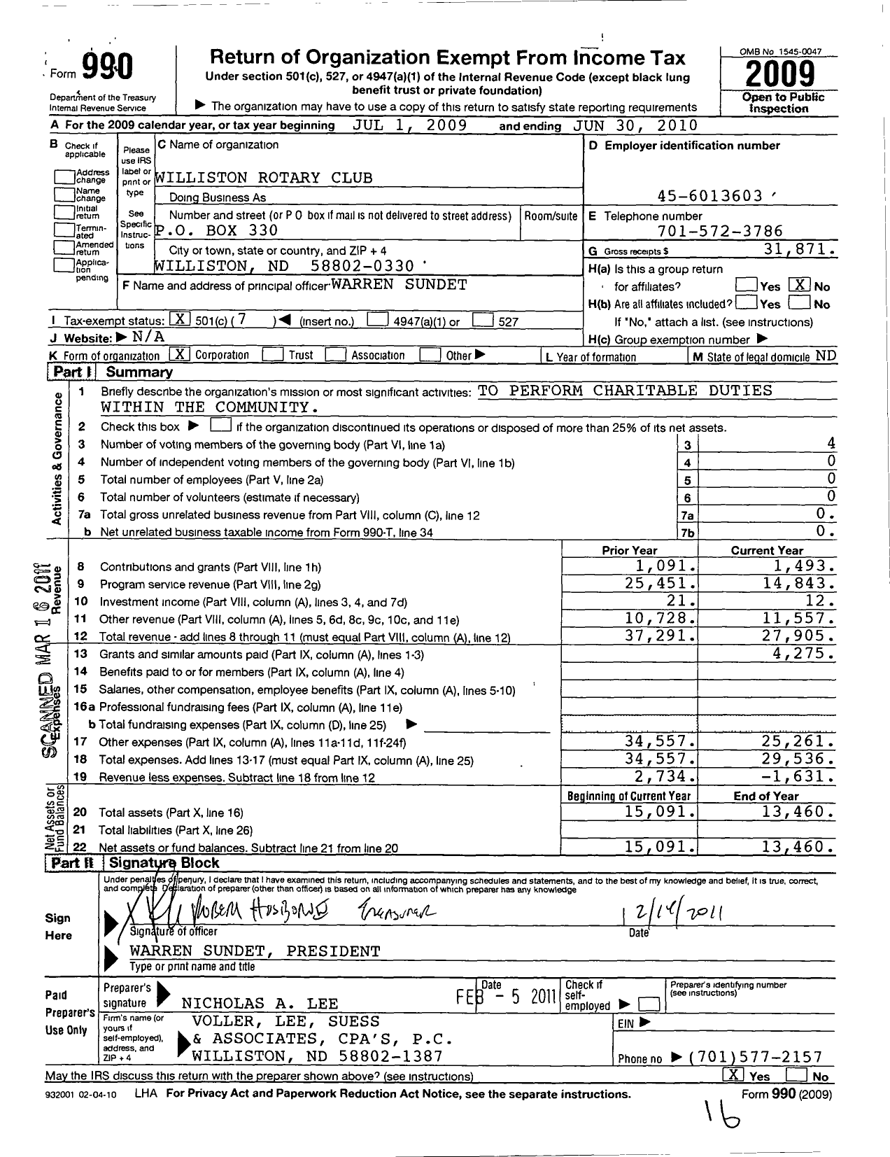 Image of first page of 2009 Form 990O for Rotary International - Williston Rotary Club