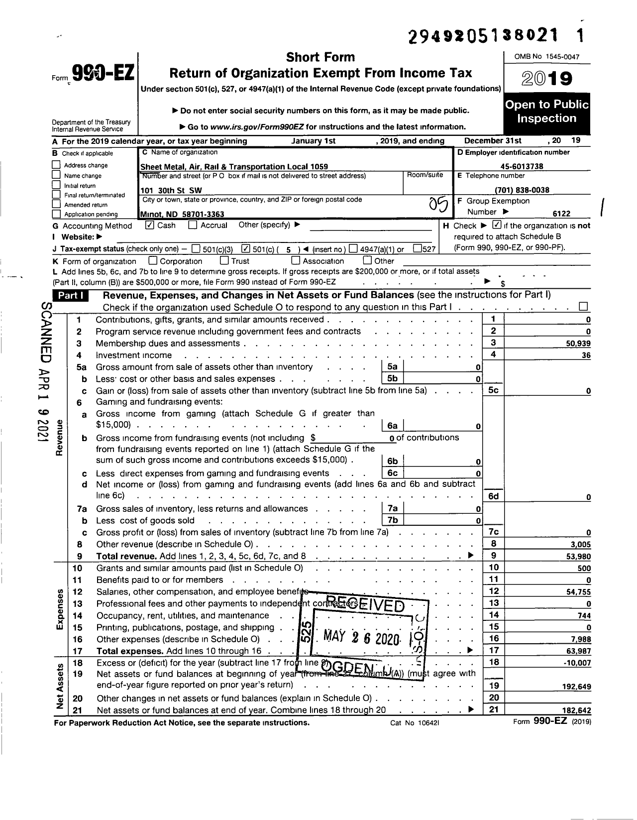 Image of first page of 2019 Form 990EO for Smart Union - 1059 TD