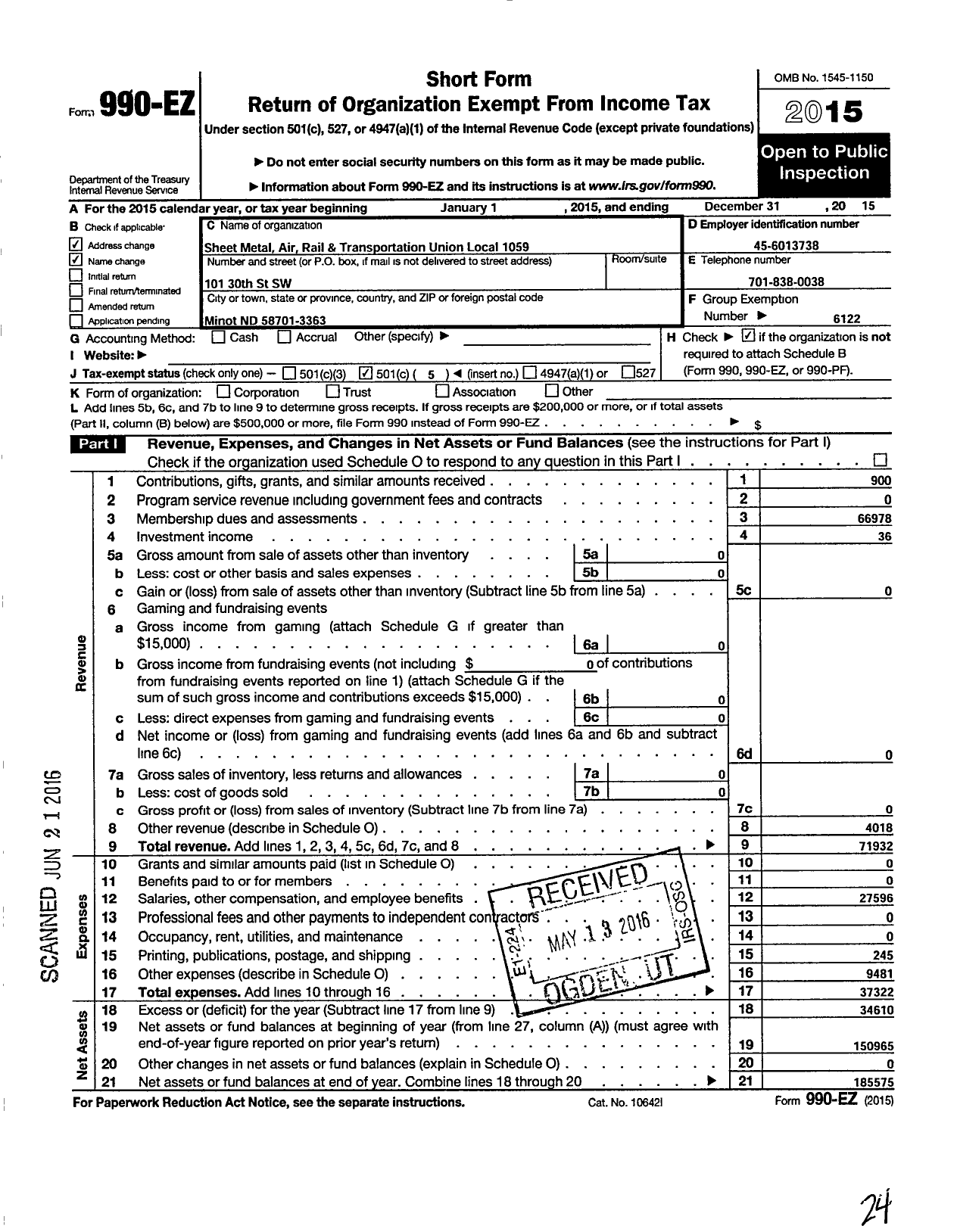 Image of first page of 2015 Form 990EO for Smart Union - 1059 TD