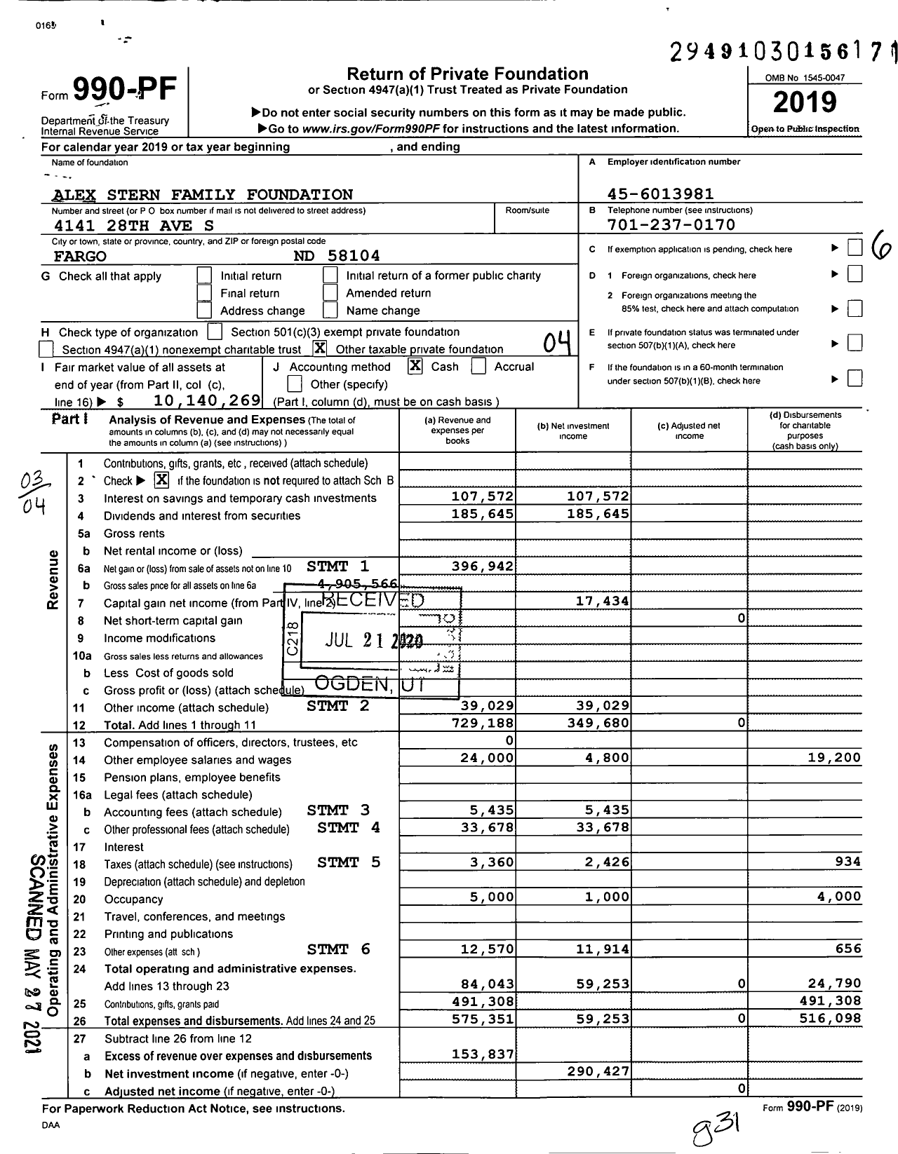 Image of first page of 2019 Form 990PF for Alex Stern Family Foundation