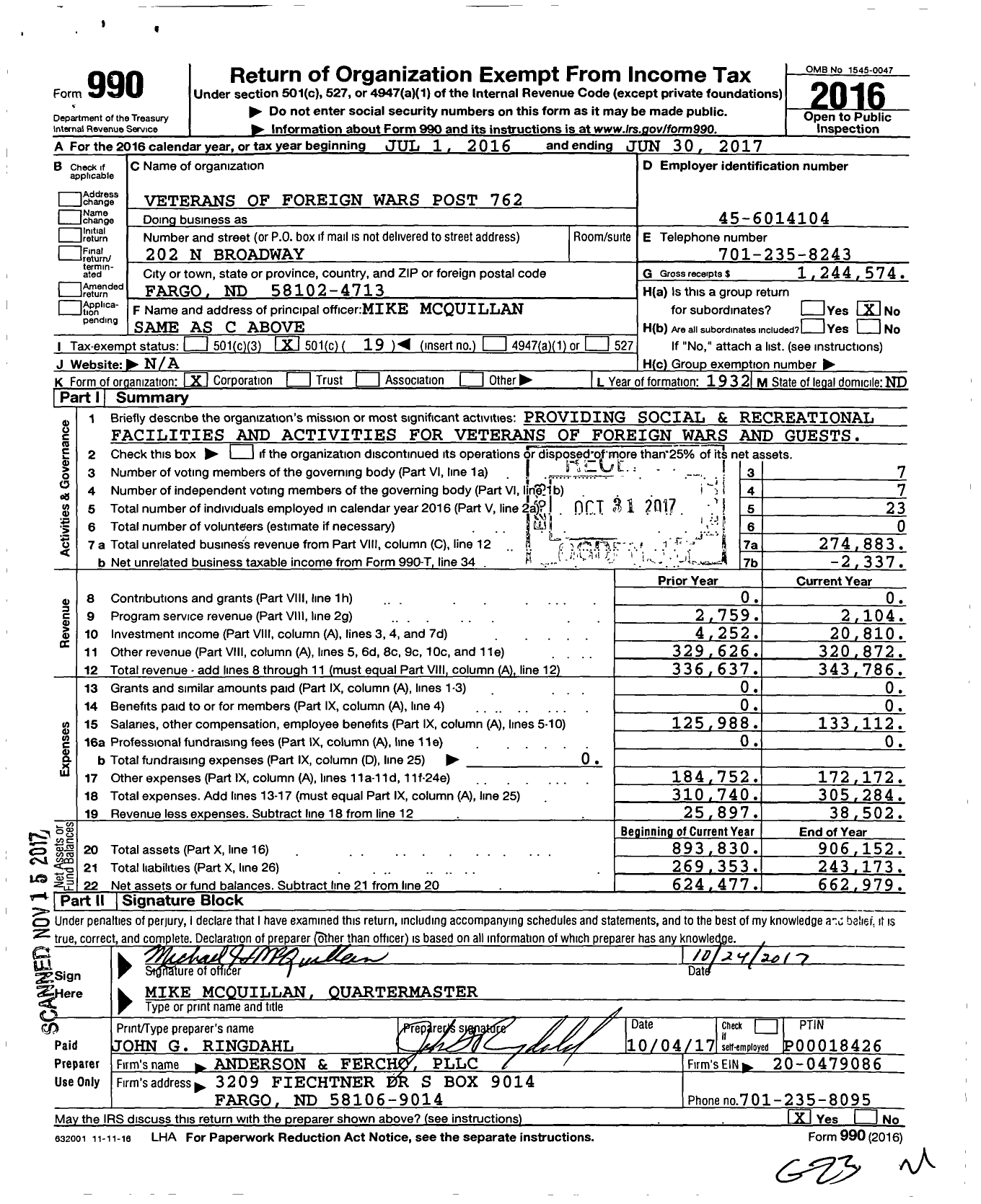 Image of first page of 2016 Form 990O for Veterans of Foreign Wars Post 762