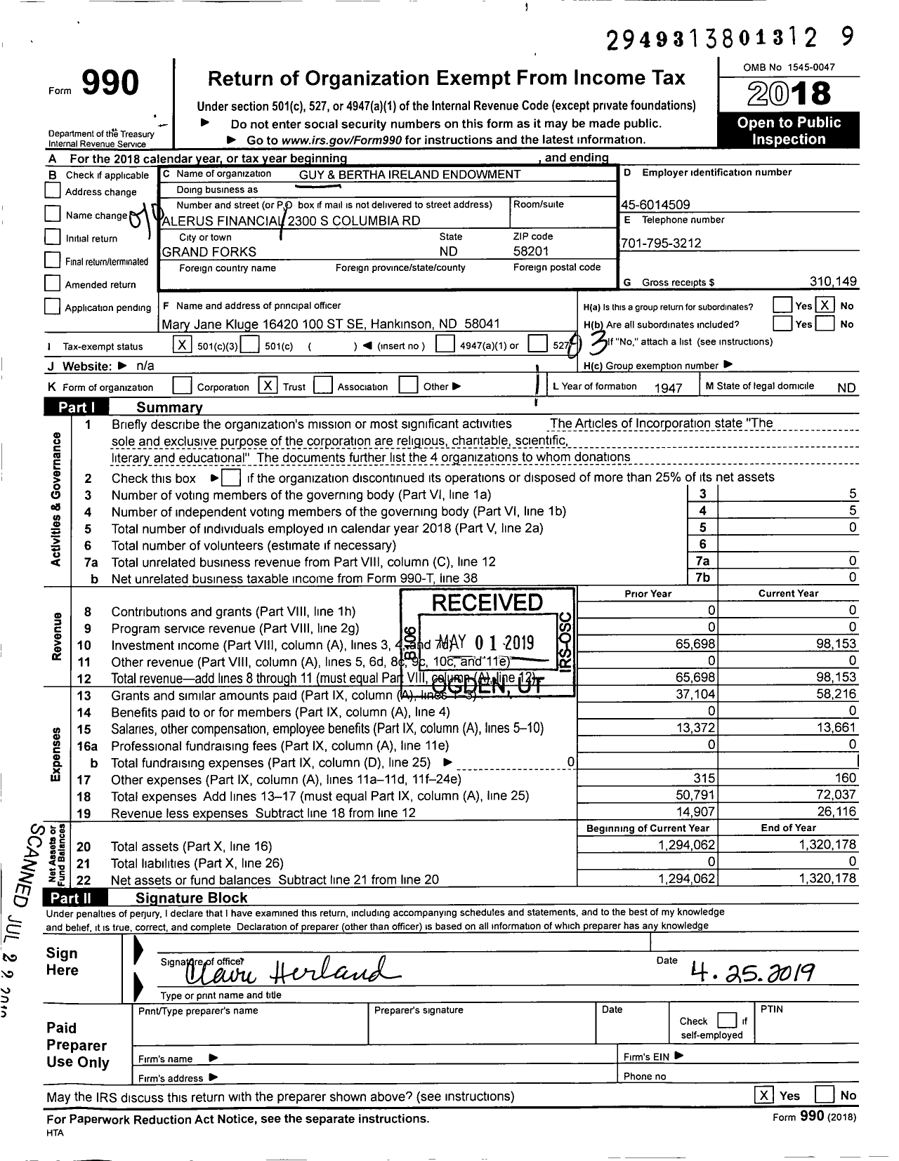 Image of first page of 2018 Form 990 for Guy and Bertha Ireland Endowment 1050033700