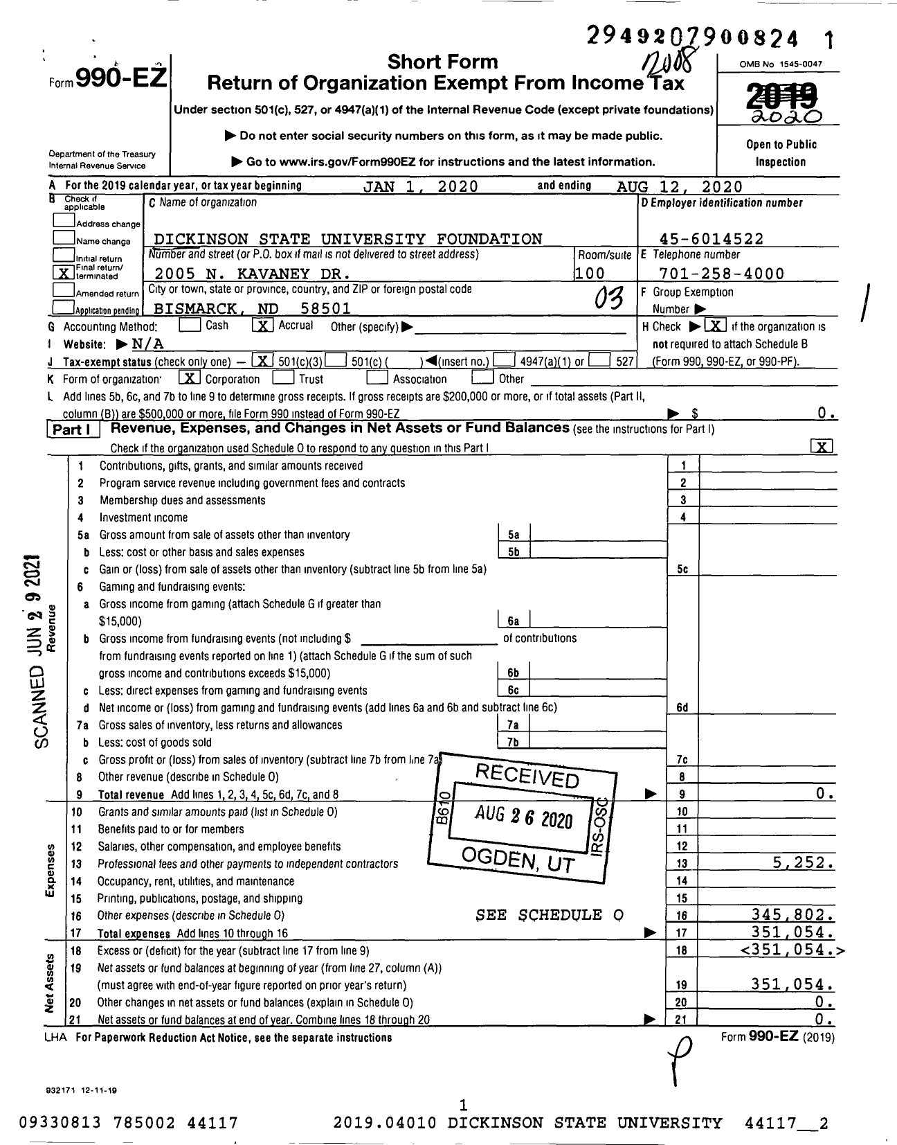 Image of first page of 2019 Form 990EZ for Dickinson State University Foundation