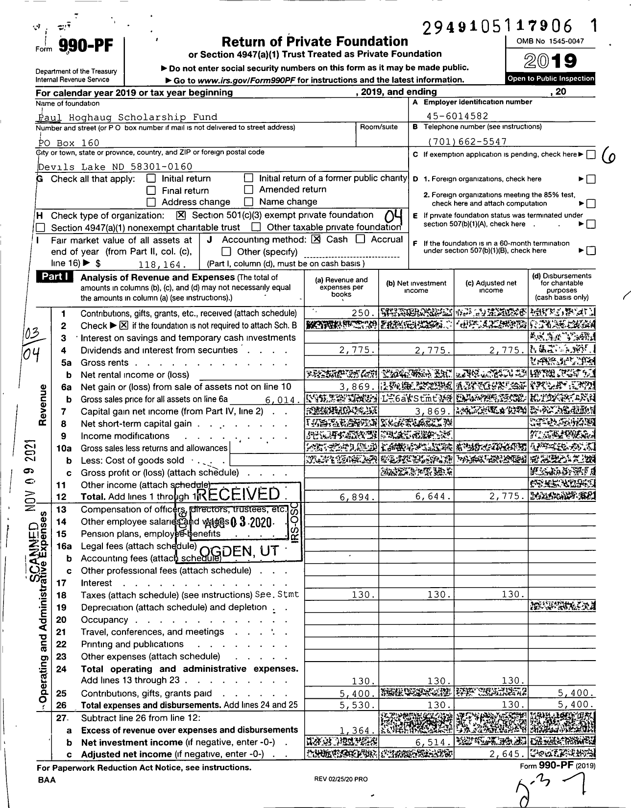 Image of first page of 2019 Form 990PF for Paul Hoghaug Scholarship Fund