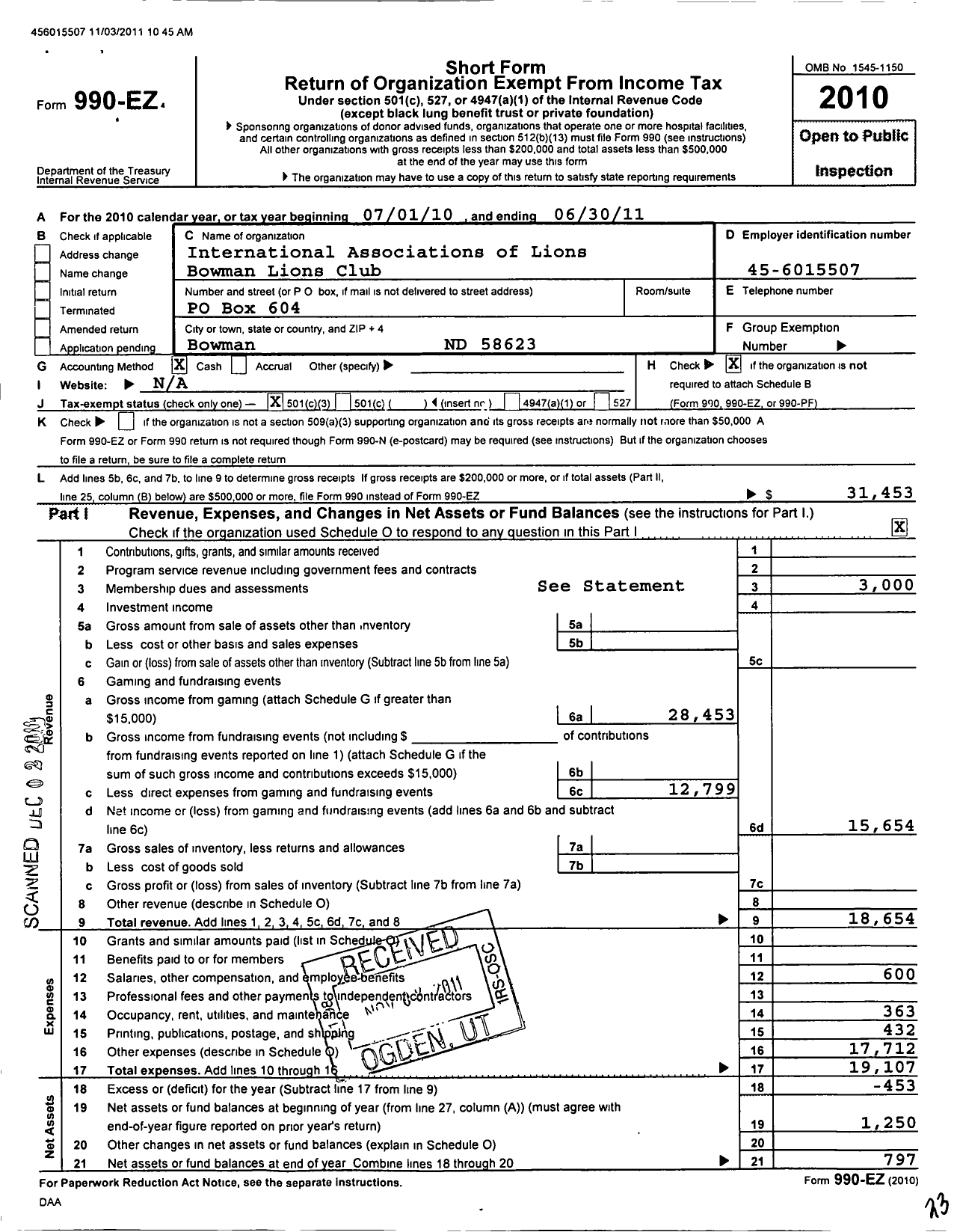 Image of first page of 2010 Form 990EZ for Lions Clubs - 33641 Bowman