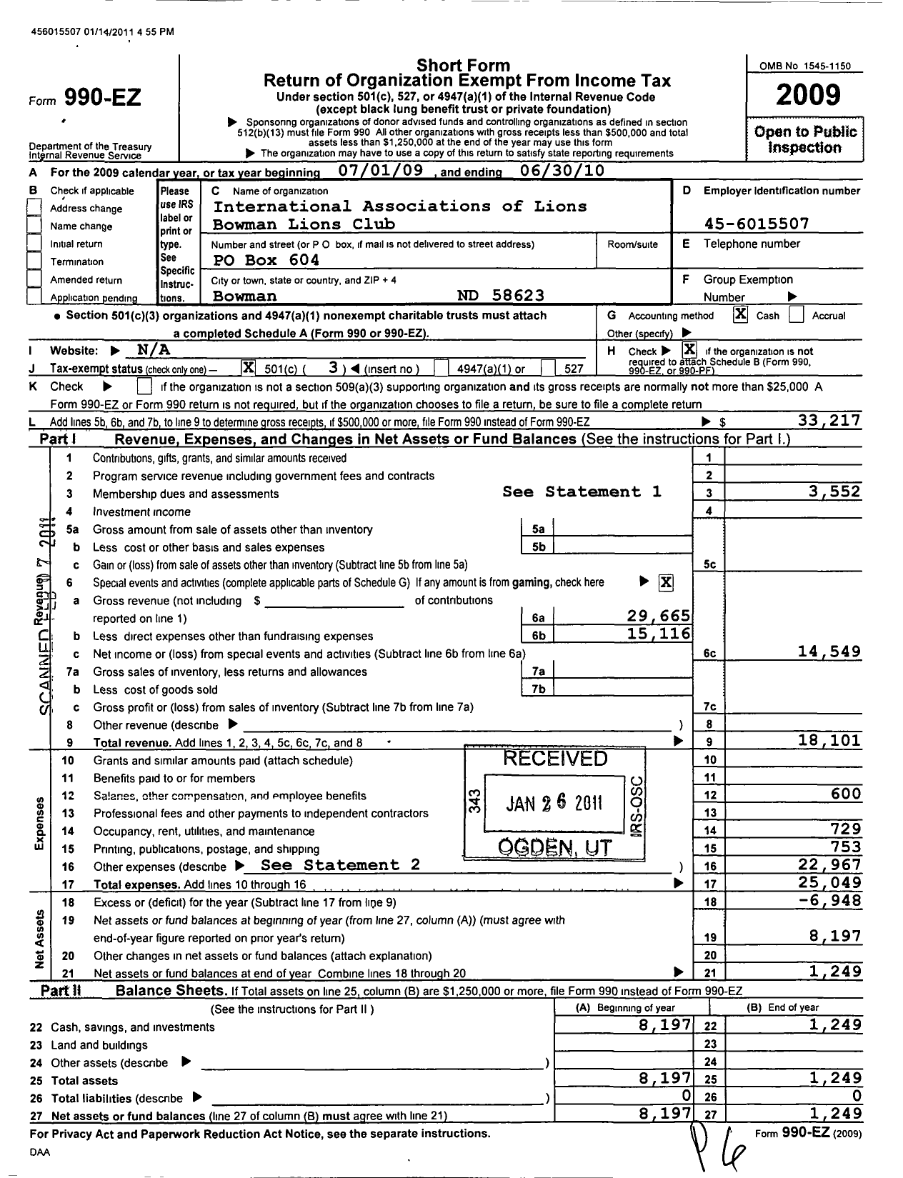 Image of first page of 2009 Form 990EZ for Lions Clubs - 33641 Bowman