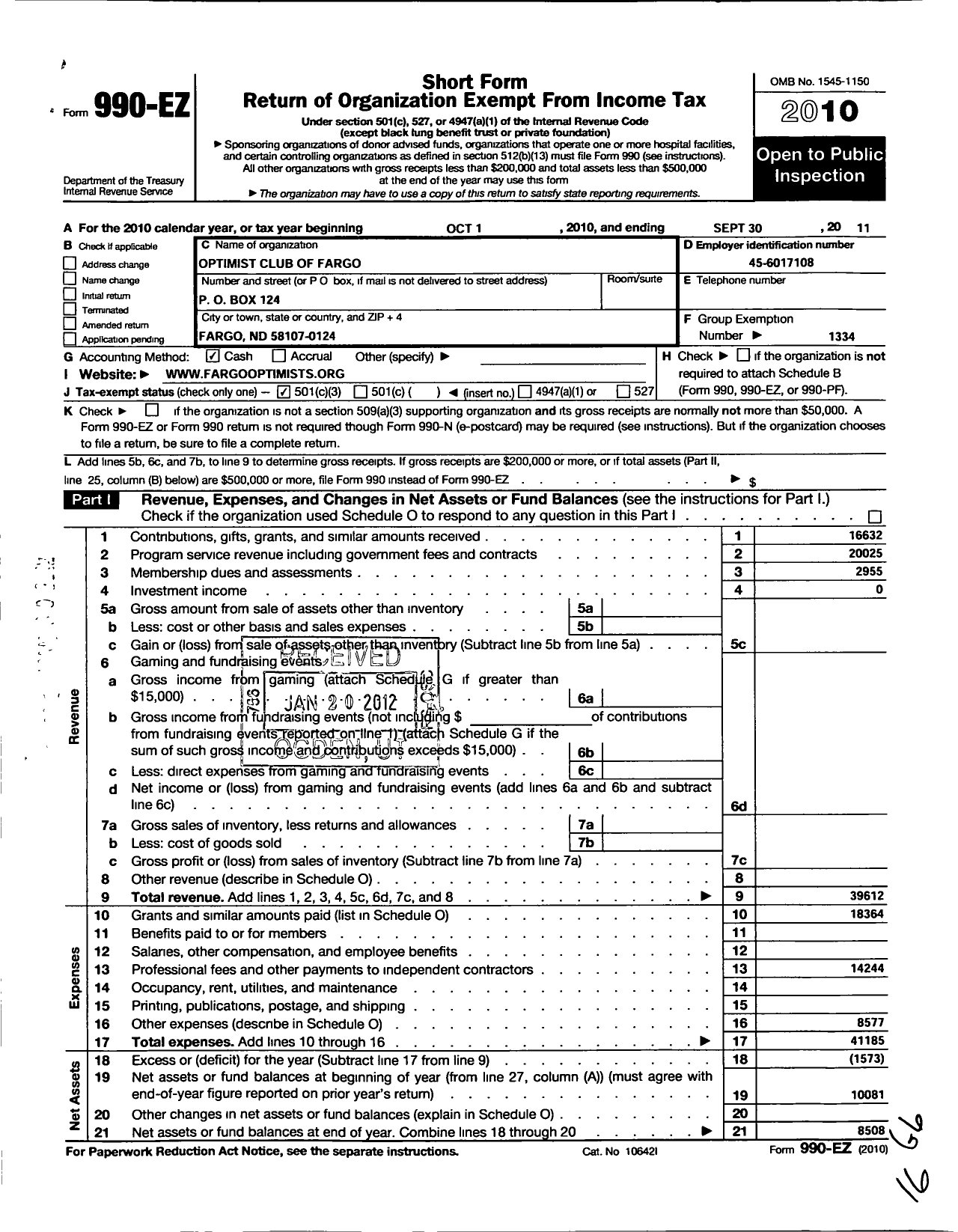 Image of first page of 2010 Form 990EZ for Optimist International - 35065 Oc of Fargo ND