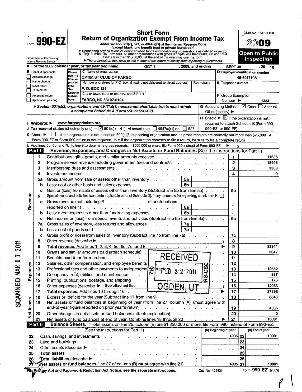 Image of first page of 2009 Form 990EO for Optimist International - 35065 Oc of Fargo ND