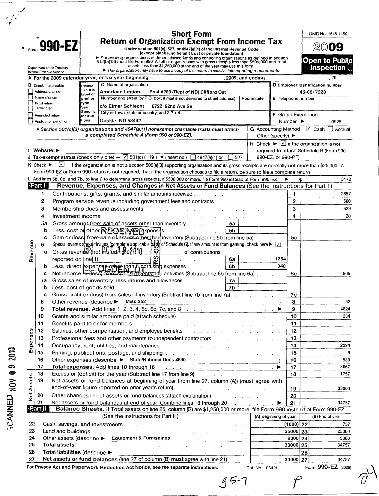 Image of first page of 2009 Form 990EO for American Legion - 0260 Clifford Ost