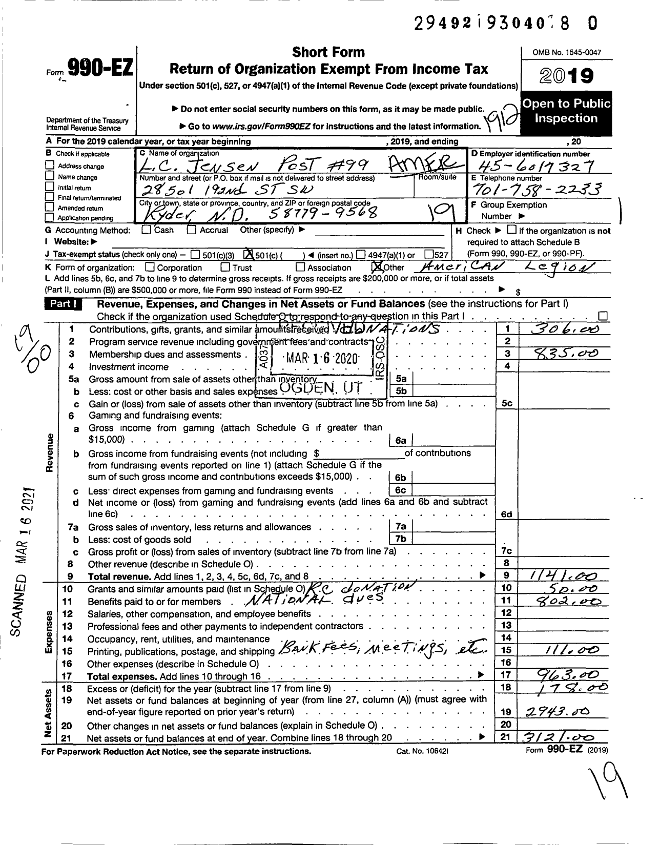 Image of first page of 2019 Form 990EO for American Legion LC Jensen Post 99