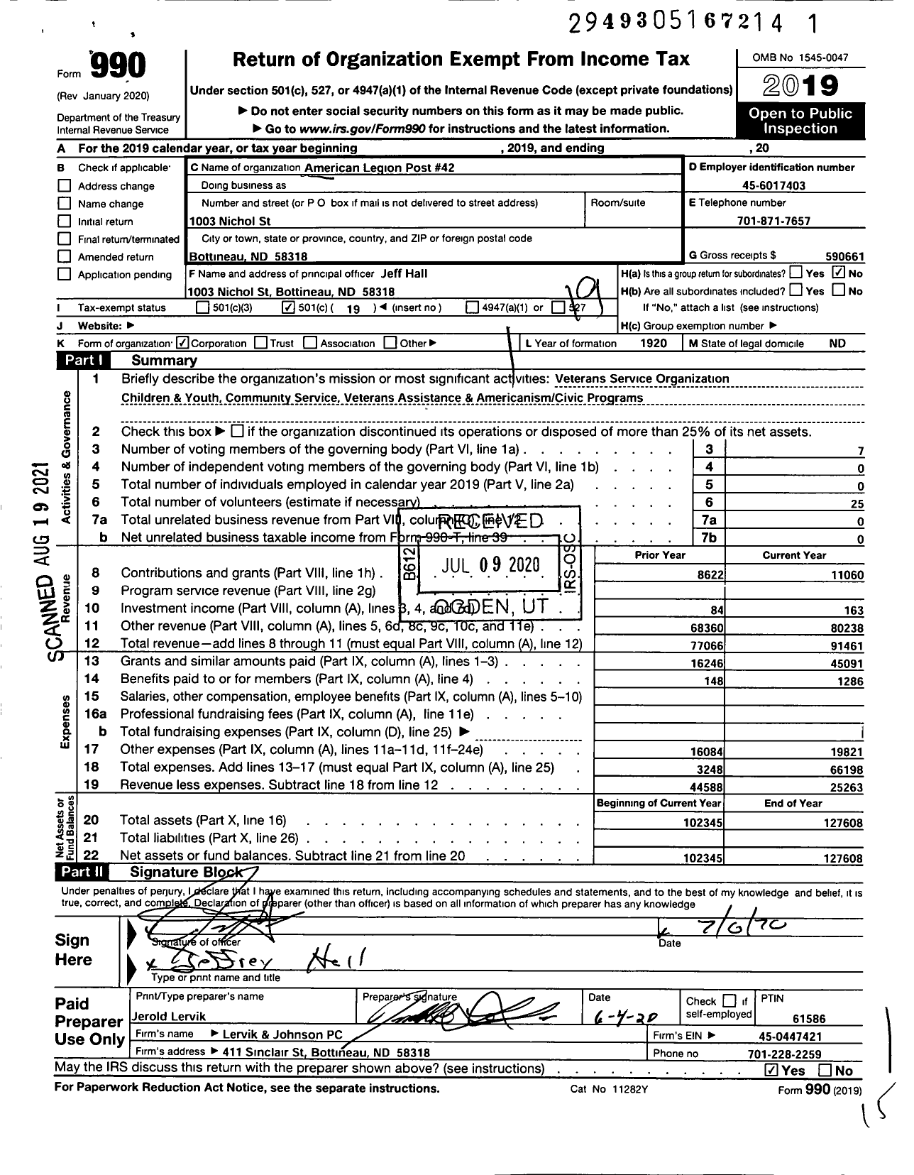 Image of first page of 2019 Form 990O for American Legion - 42 Bottineau