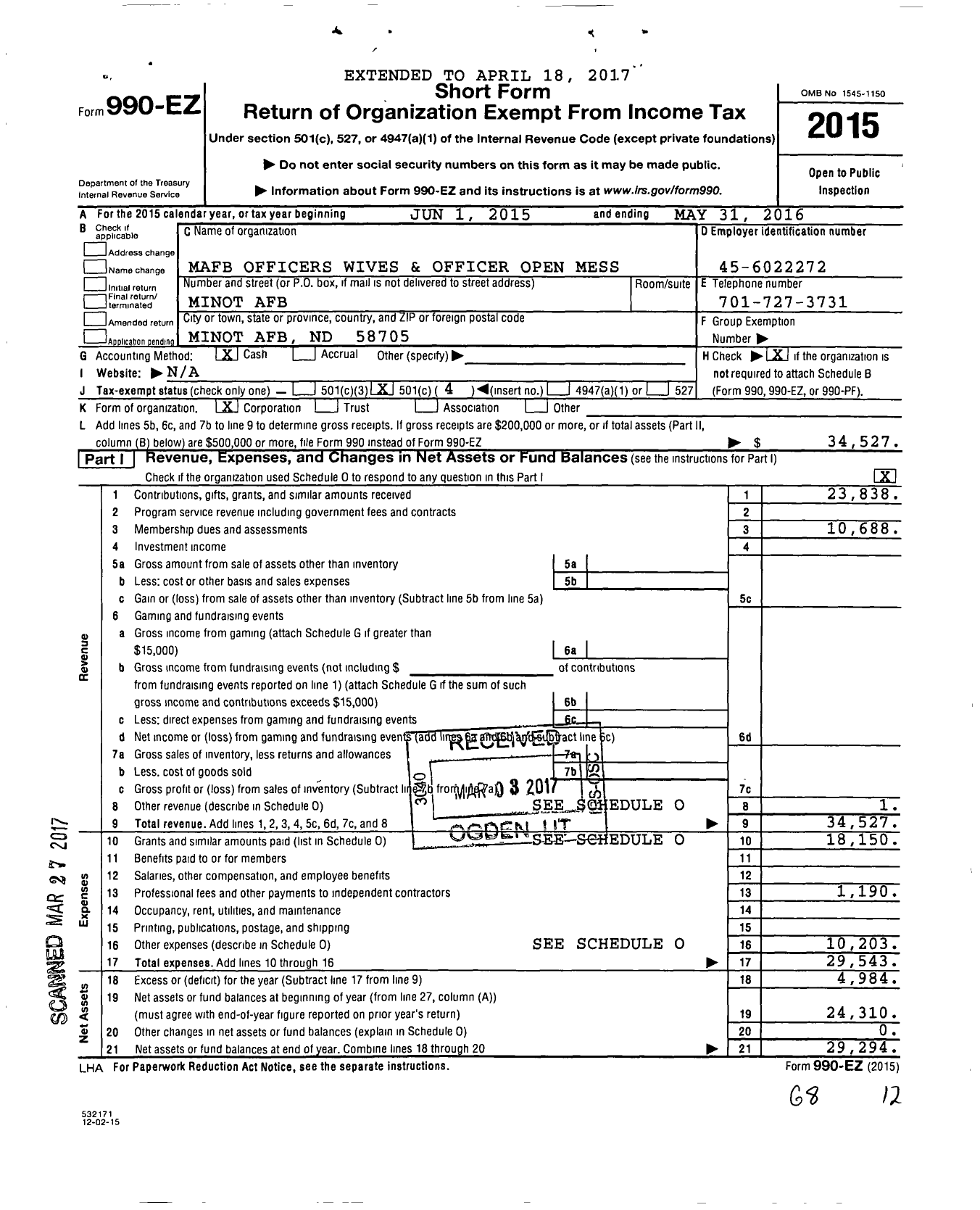 Image of first page of 2015 Form 990EO for Minot Spouses Club