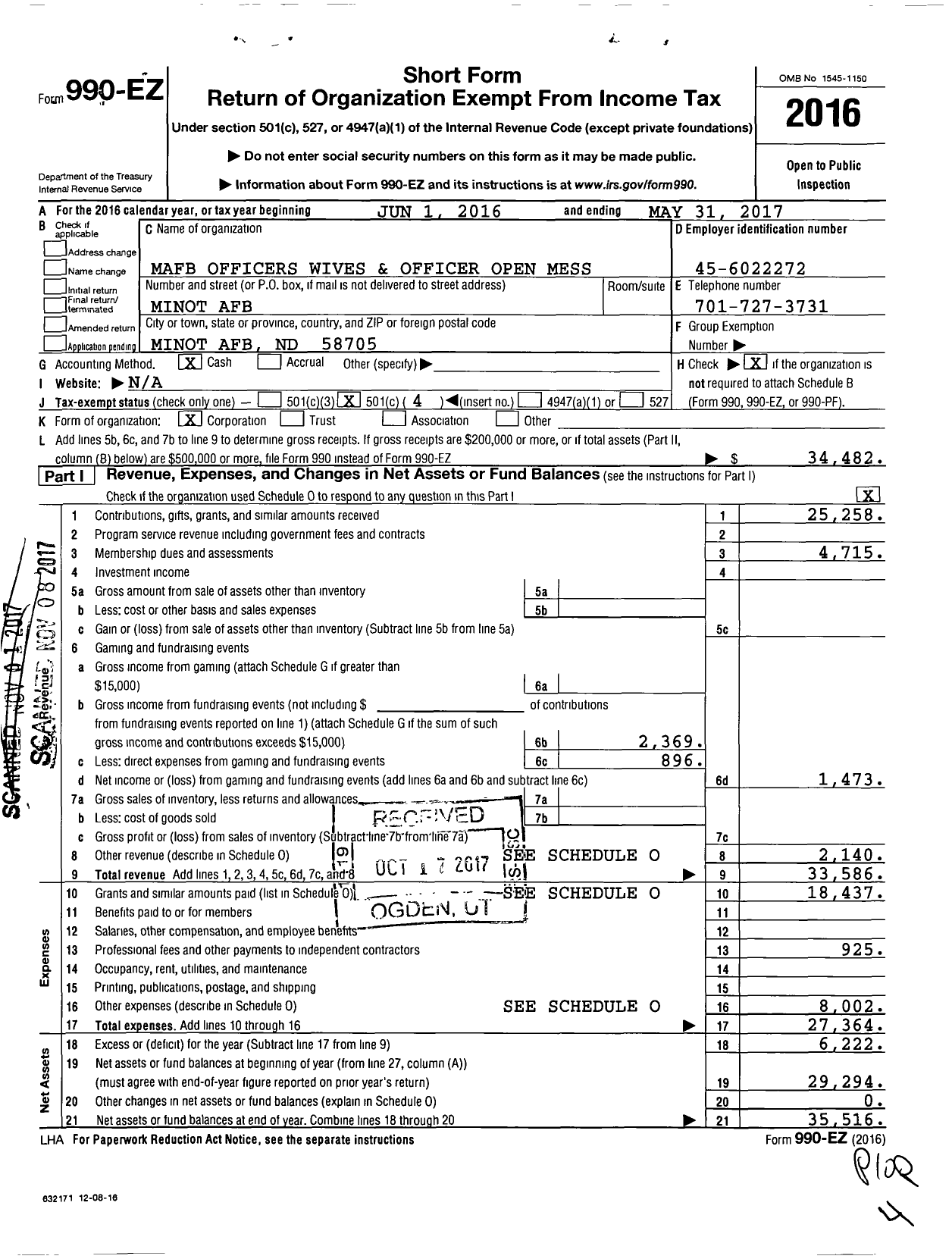 Image of first page of 2016 Form 990EO for Minot Spouses Club