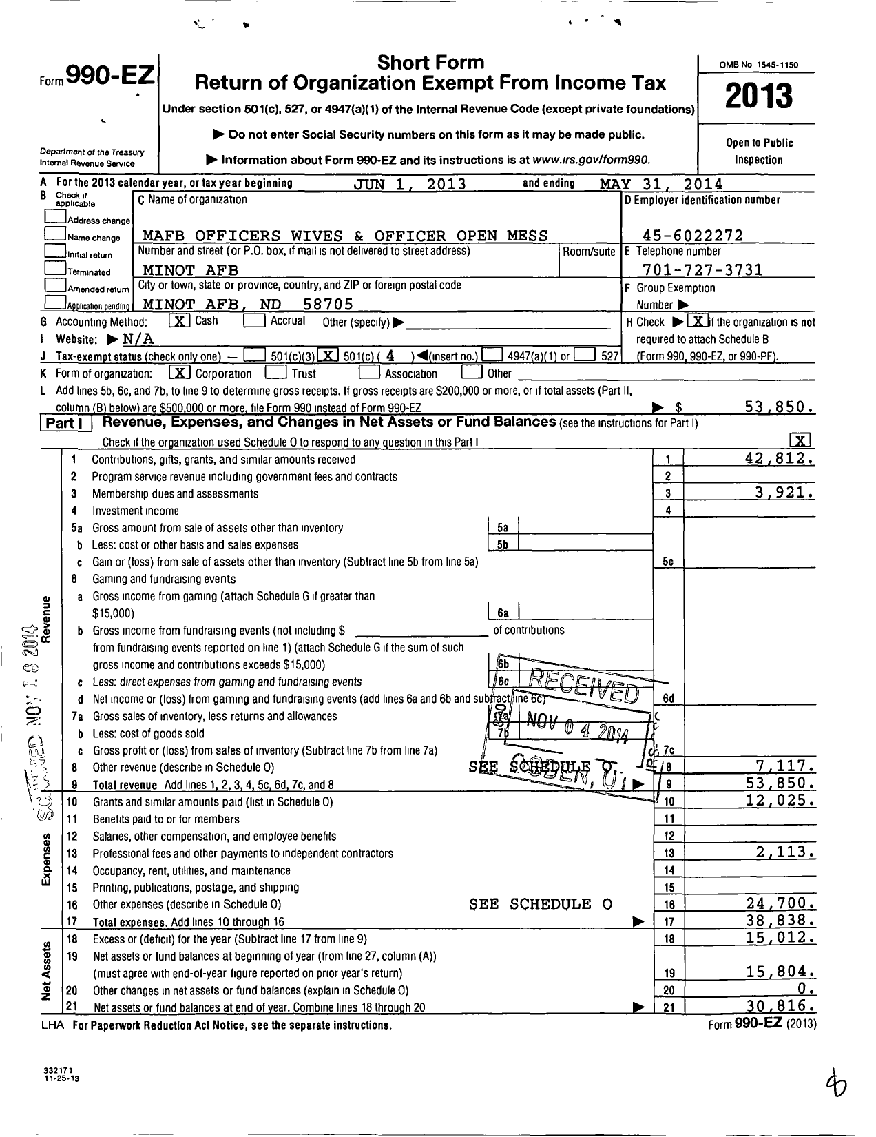 Image of first page of 2013 Form 990EO for Minot Spouses Club