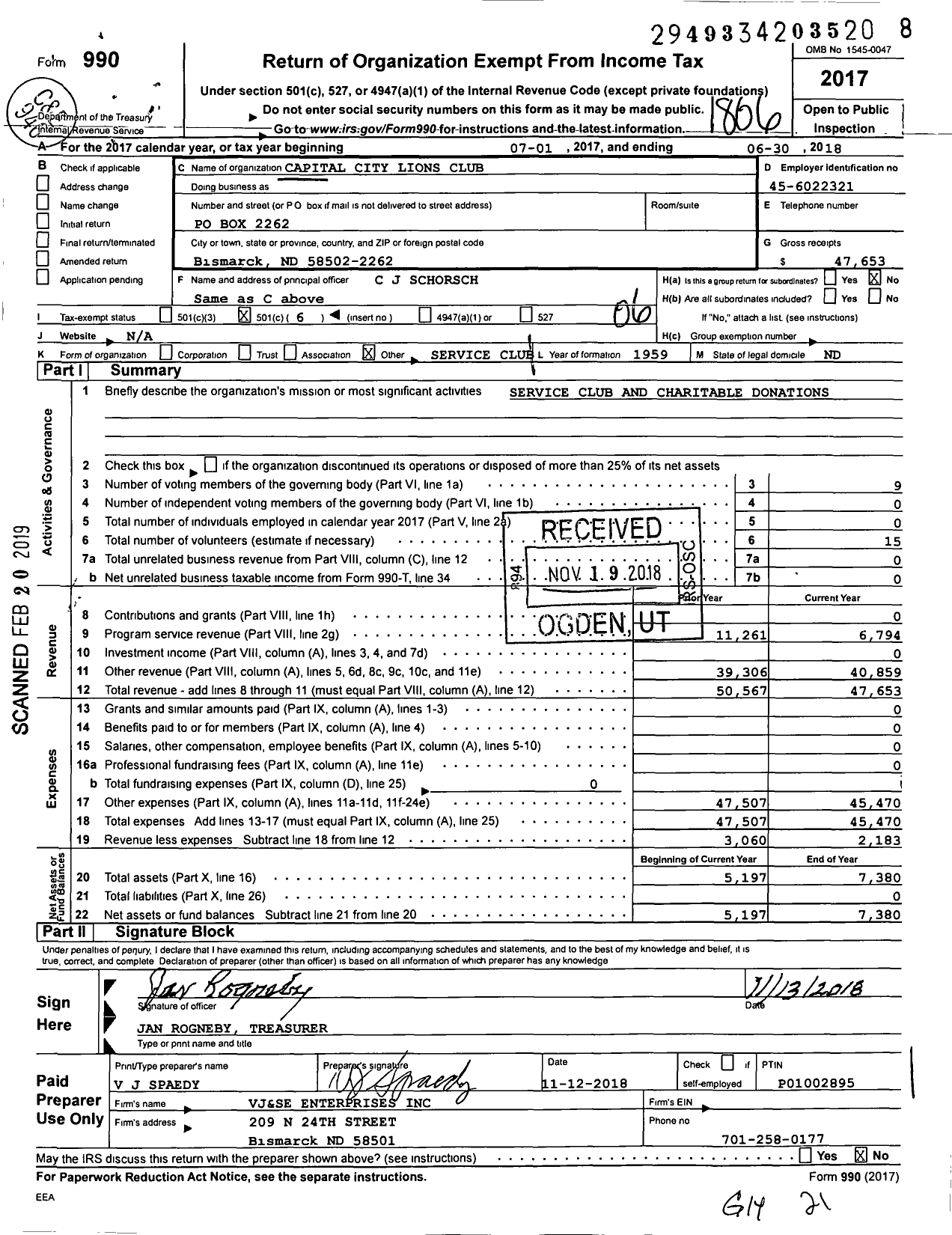 Image of first page of 2017 Form 990O for Lions Clubs - Bismarck Capital City