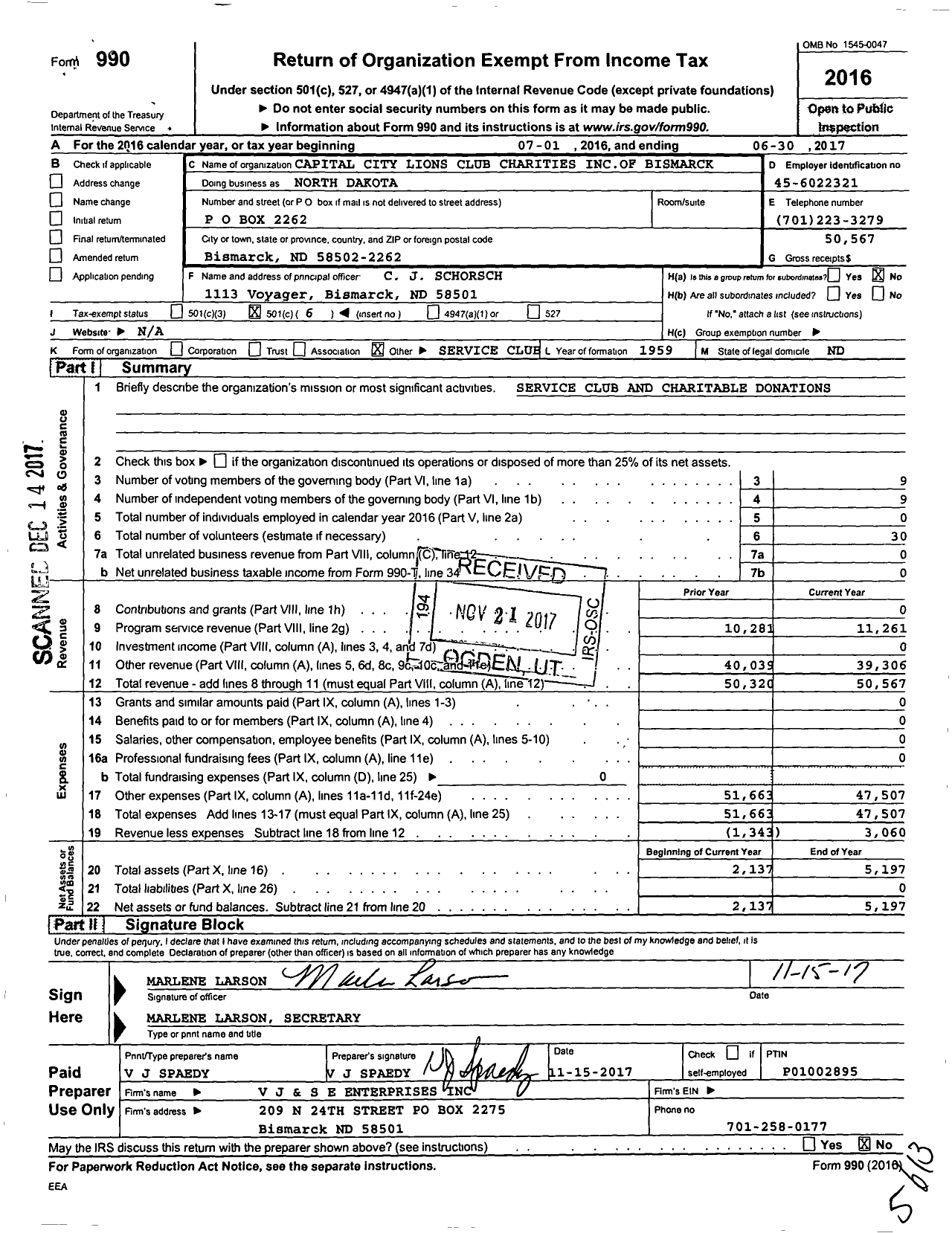 Image of first page of 2016 Form 990O for Lions Clubs - Bismarck Capital City