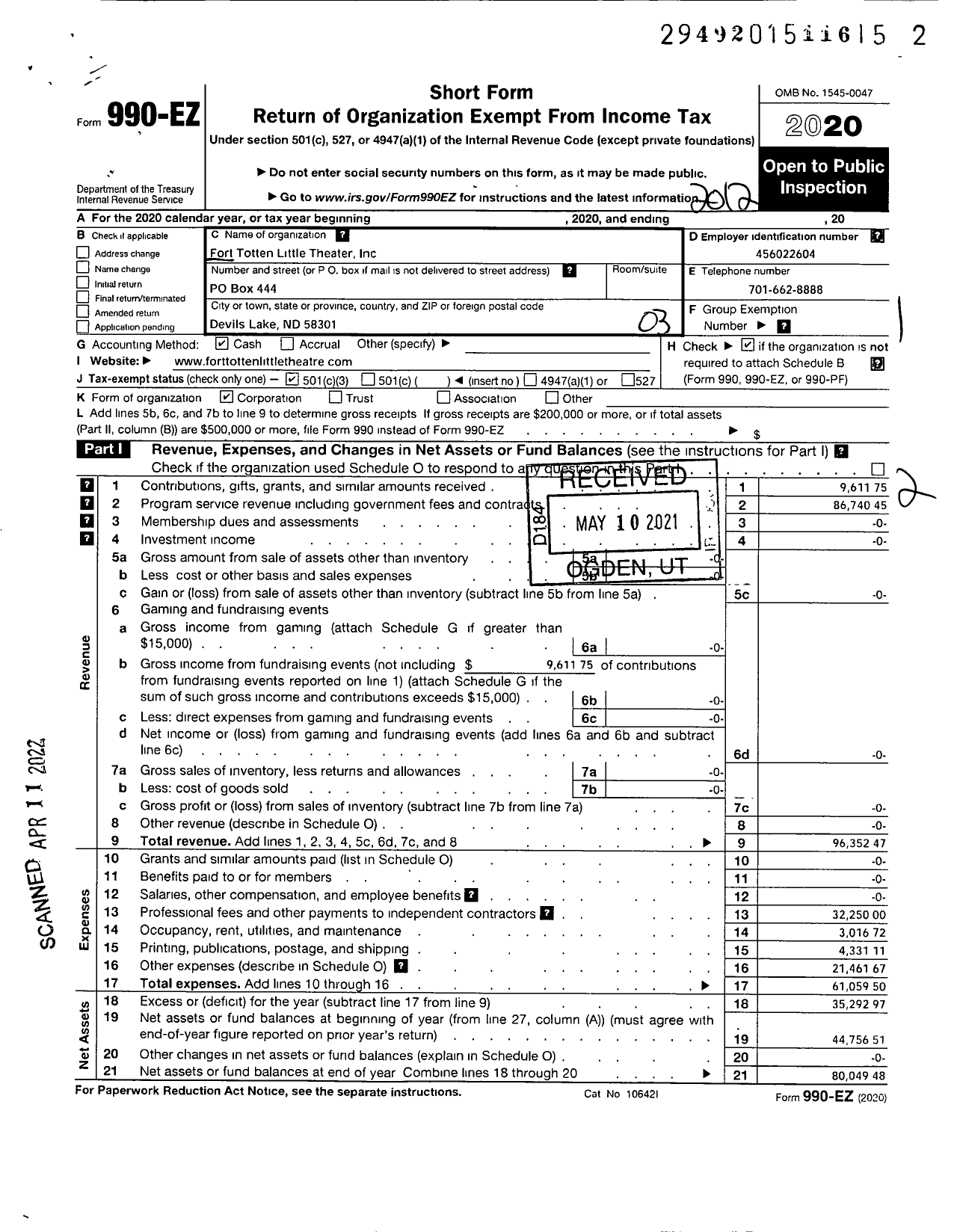 Image of first page of 2020 Form 990EZ for Fort Totten Little Theater Company
