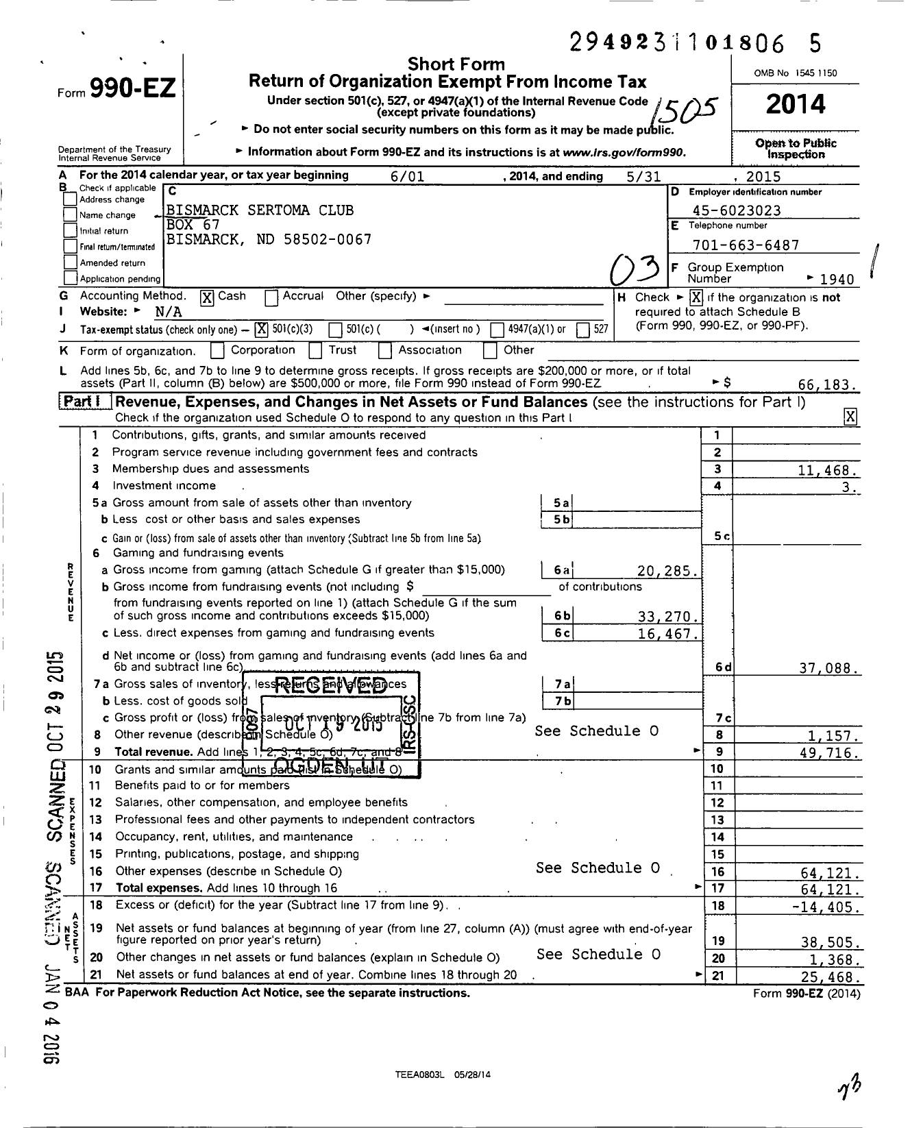 Image of first page of 2014 Form 990EZ for Sertoma - 10037 Bismarck Sertoma Club