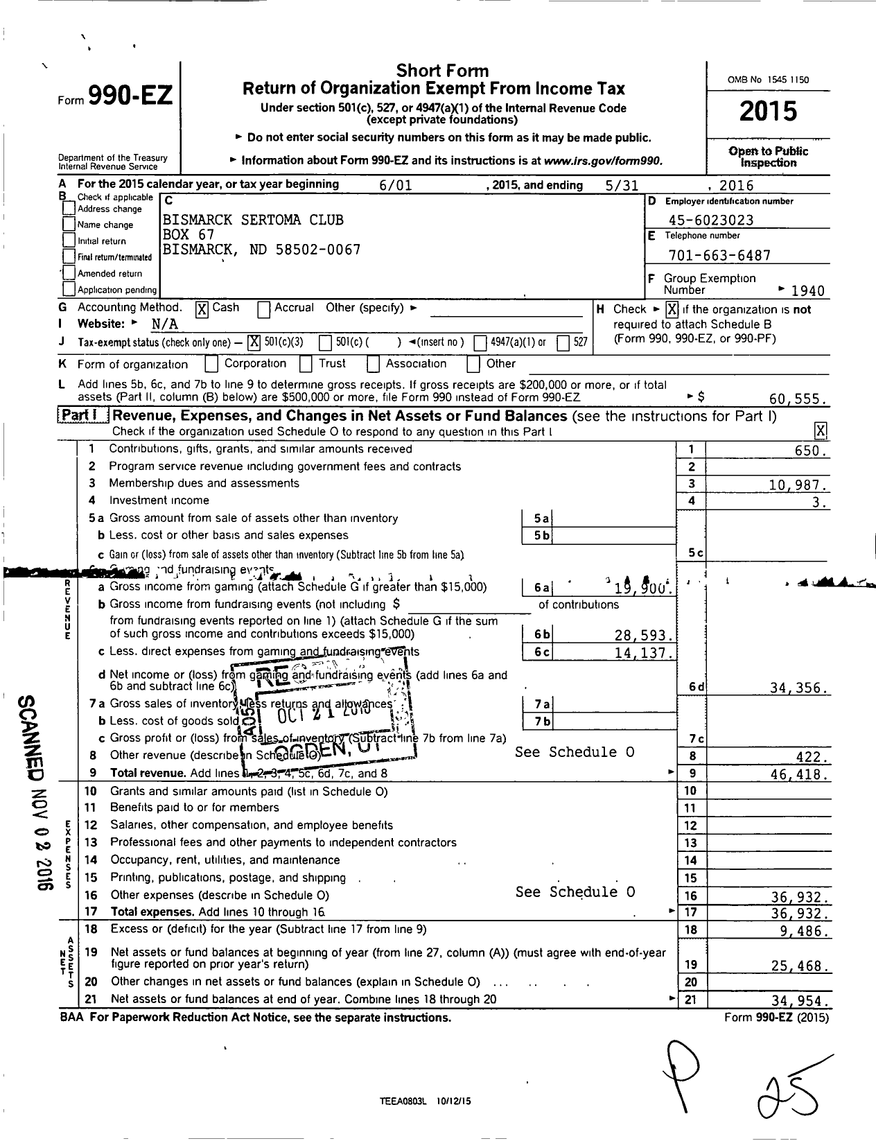 Image of first page of 2015 Form 990EZ for Sertoma - 10037 Bismarck Sertoma Club