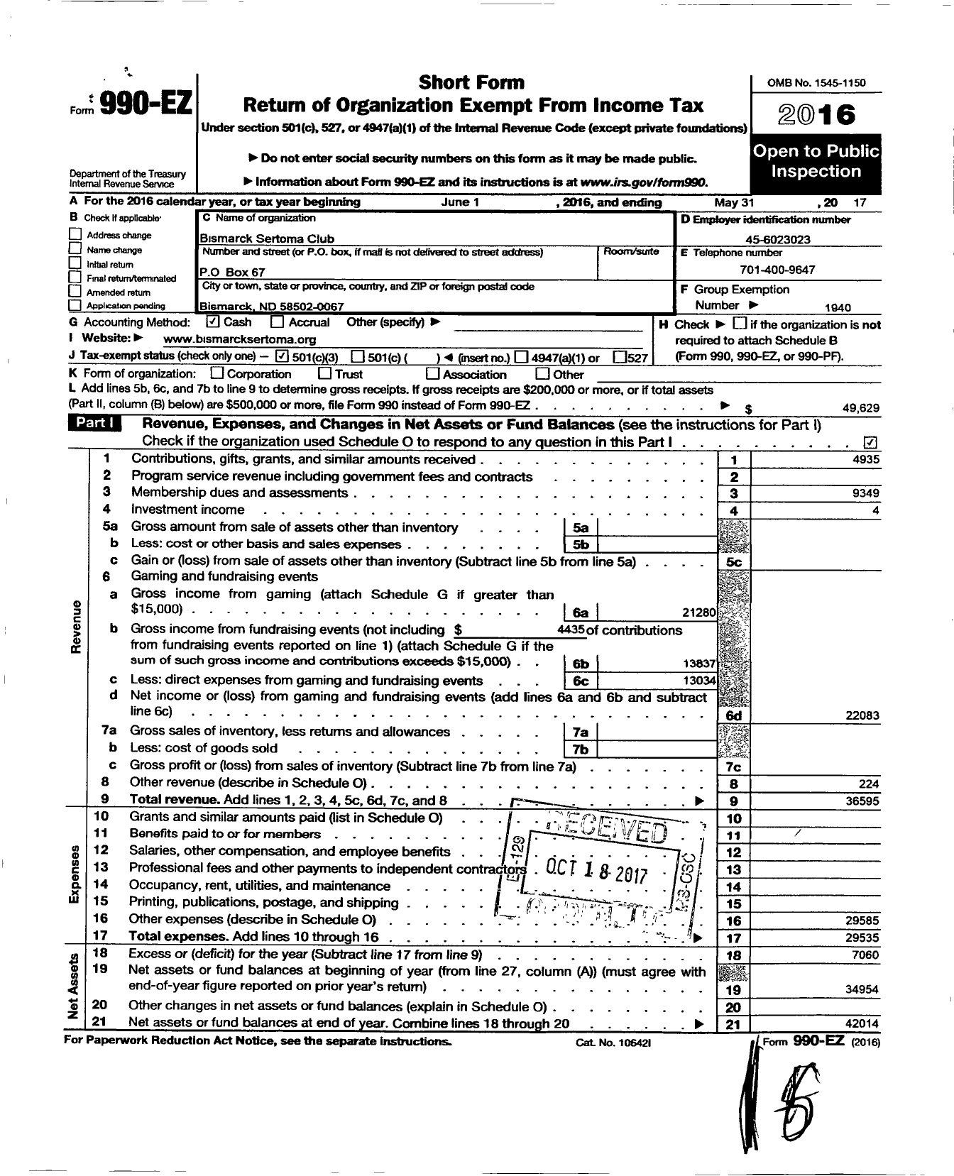 Image of first page of 2016 Form 990EZ for Sertoma - 10037 Bismarck Sertoma Club