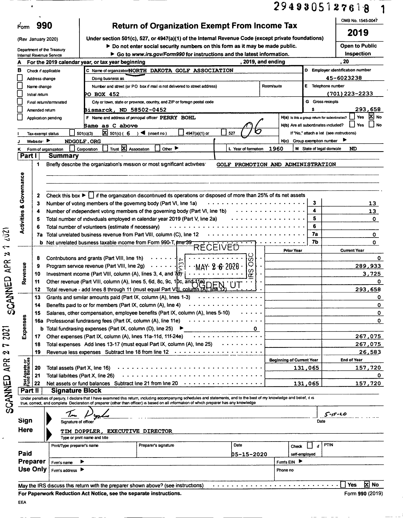 Image of first page of 2019 Form 990O for North Dakota Golf Association