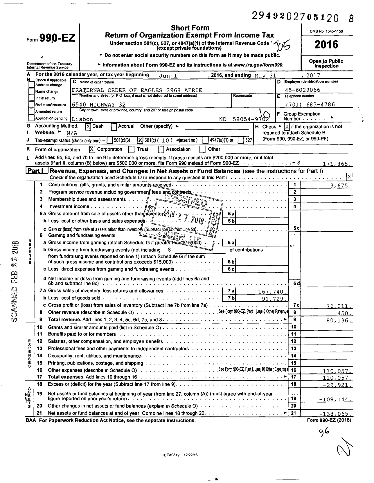 Image of first page of 2016 Form 990EO for Fraternal Order of Eagles - Aerie 2968