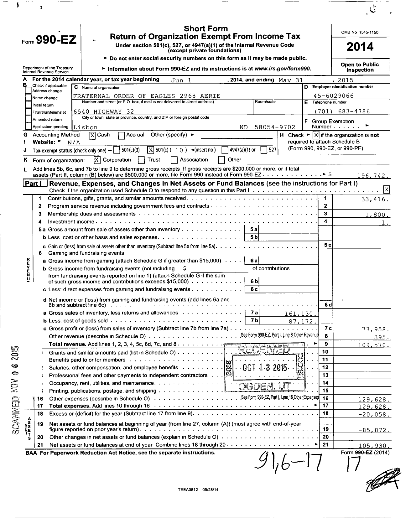 Image of first page of 2014 Form 990EO for Fraternal Order of Eagles - Aerie 2968