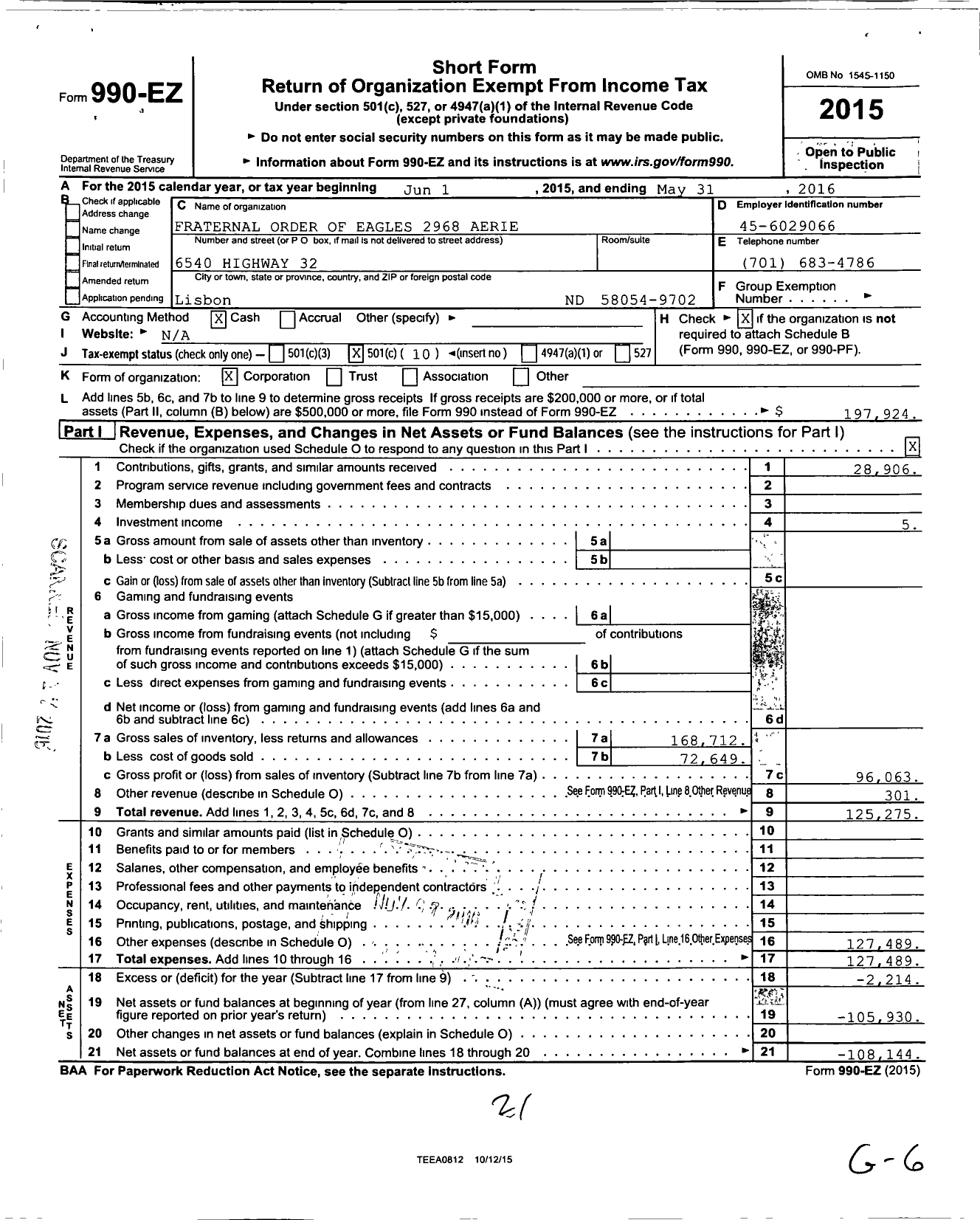 Image of first page of 2015 Form 990EO for Fraternal Order of Eagles - Aerie 2968