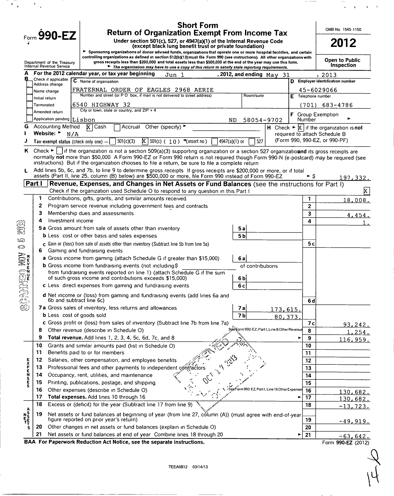 Image of first page of 2012 Form 990EO for Fraternal Order of Eagles - Aerie 2968