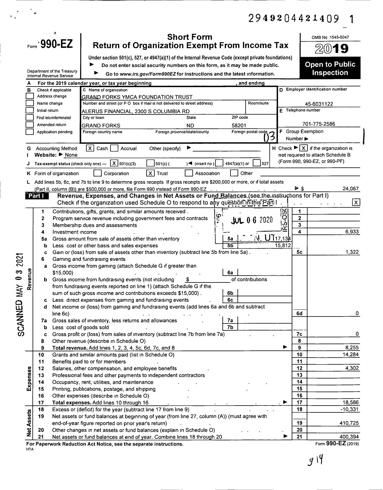 Image of first page of 2019 Form 990EZ for Grand Forks Ymca Foundation Trust 1030130000