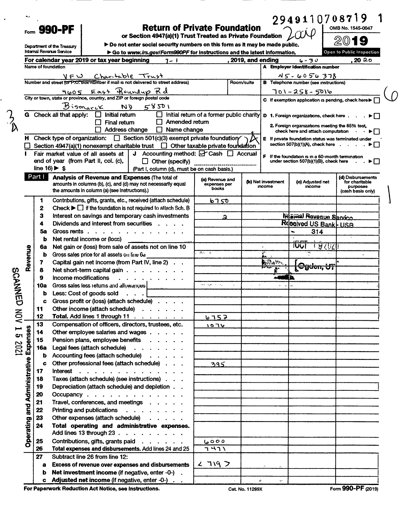 Image of first page of 2019 Form 990PF for VFW Charitable Trust