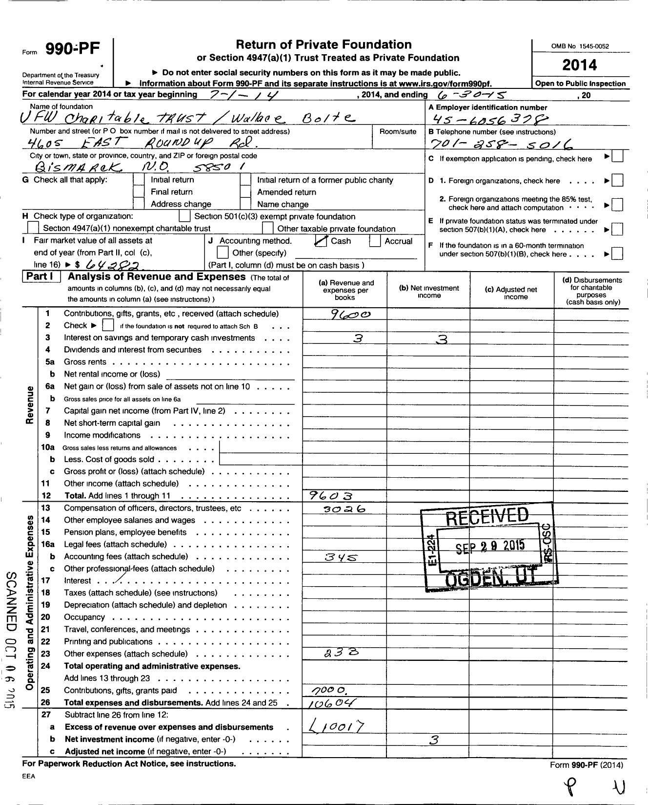 Image of first page of 2014 Form 990PF for VFW Charitable Trust
