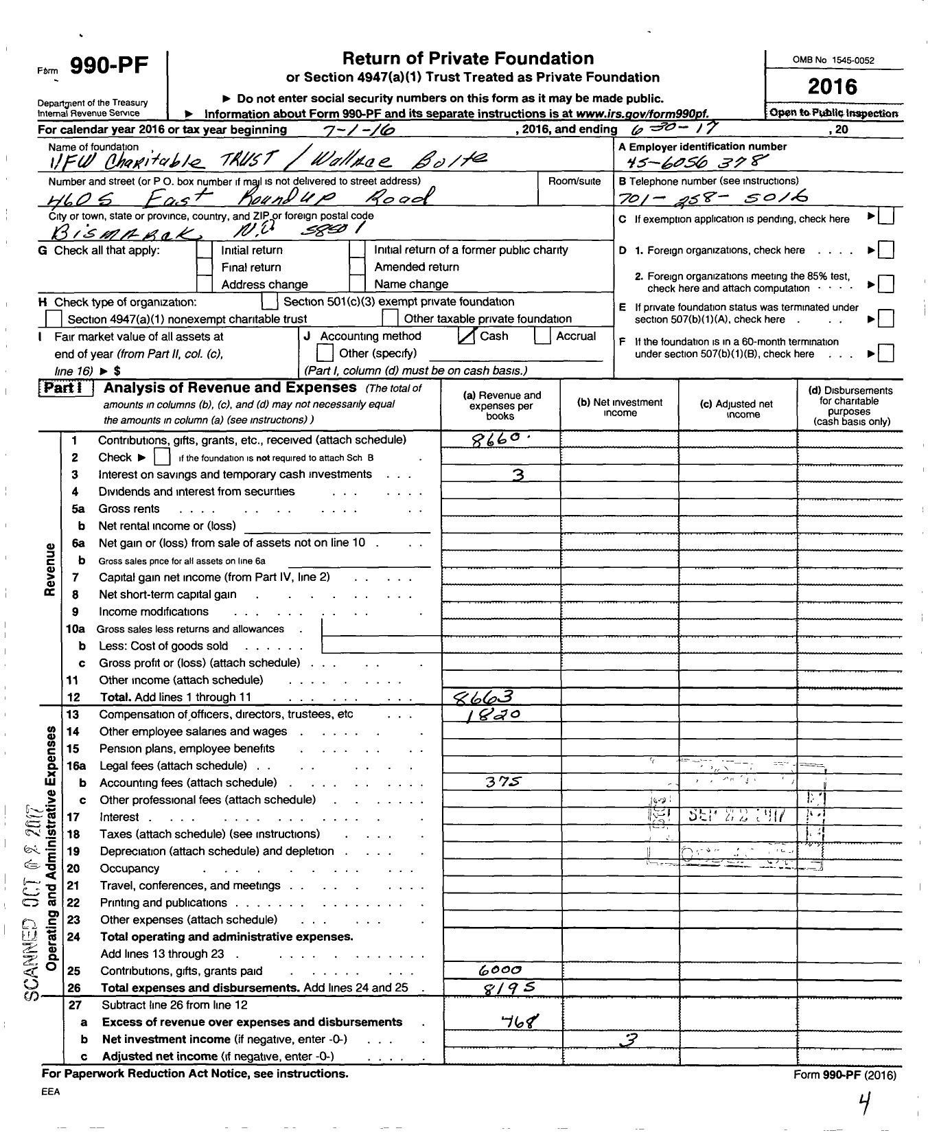 Image of first page of 2016 Form 990PF for VFW Charitable Trust