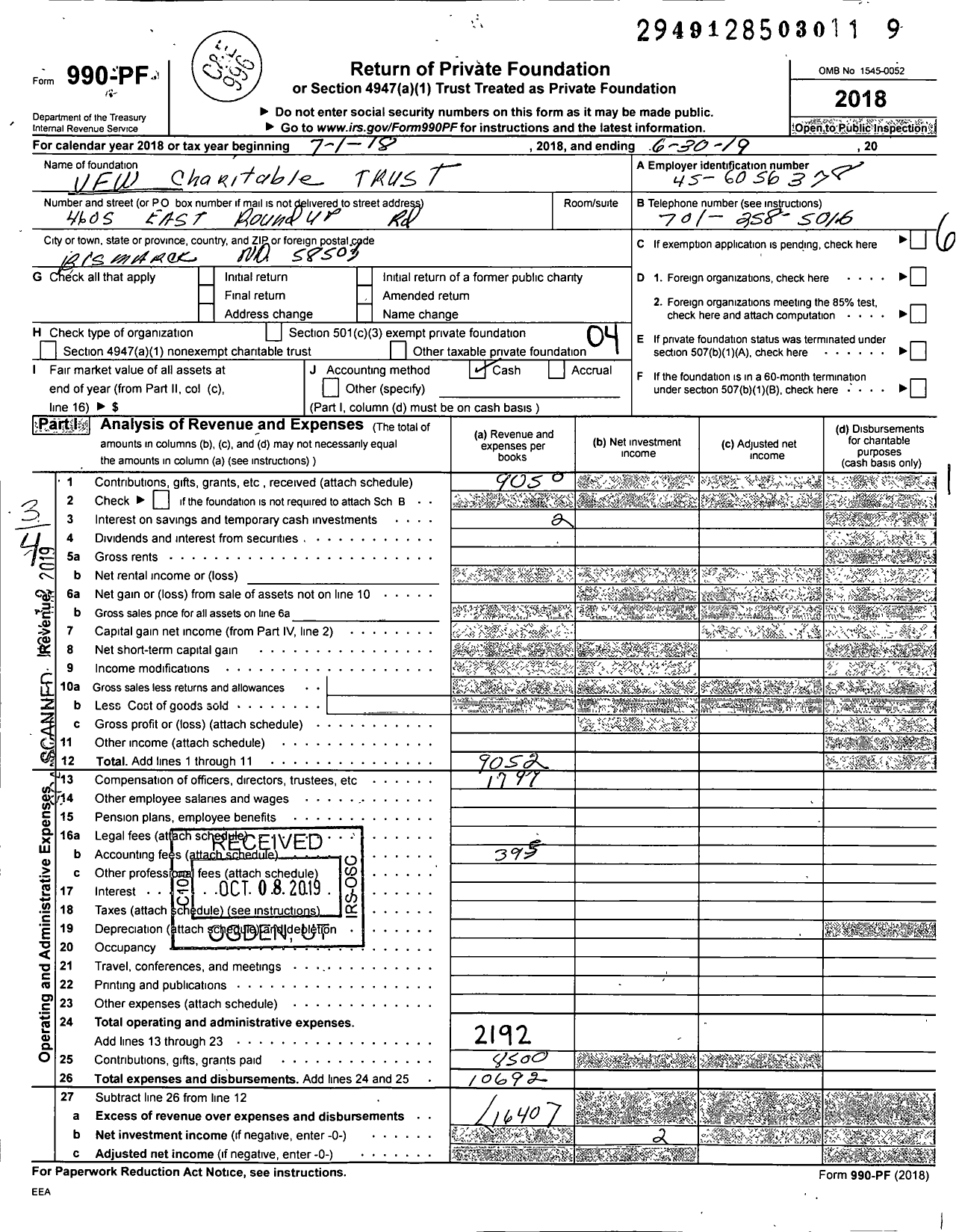 Image of first page of 2018 Form 990PF for VFW Charitable Trust