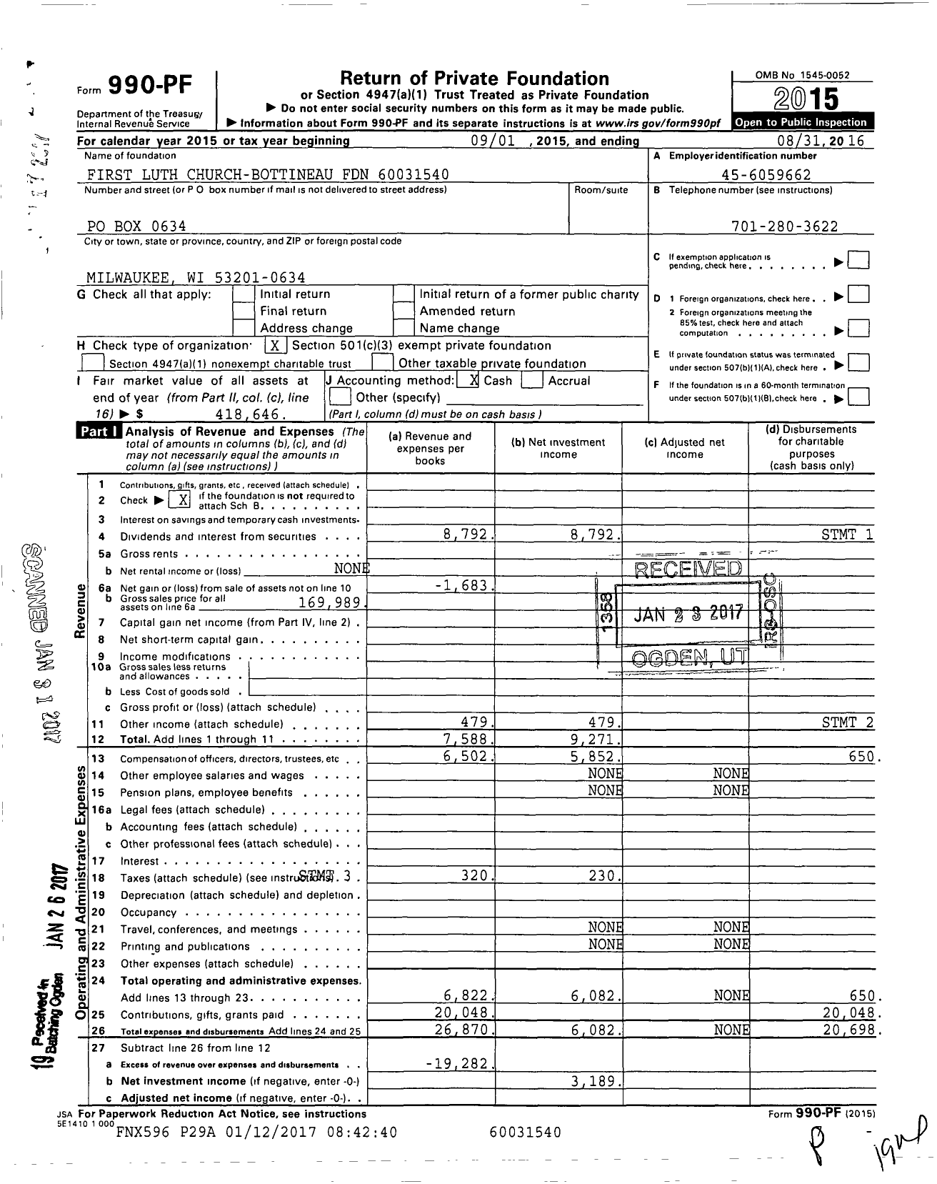 Image of first page of 2015 Form 990PF for First Luth Church-Bottineau Foundation