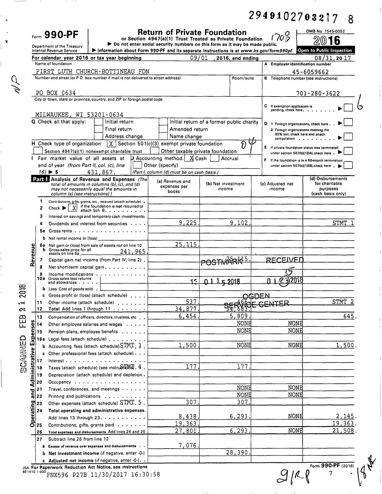 Image of first page of 2016 Form 990PF for First Luth Church-Bottineau Foundation
