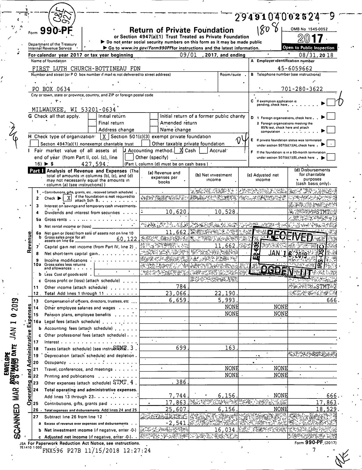 Image of first page of 2017 Form 990PF for First Luth Church-Bottineau Foundation