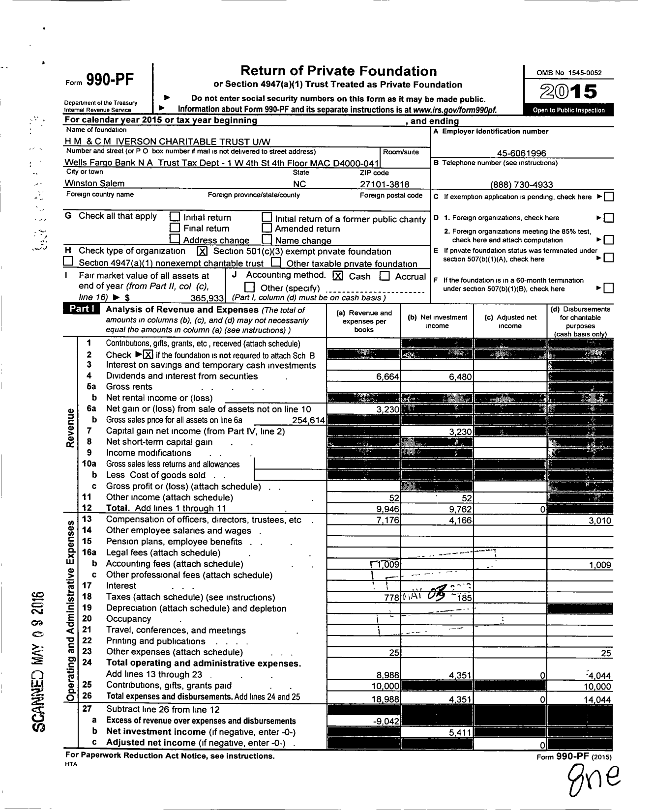 Image of first page of 2015 Form 990PF for HM and CM Iverson Charitable Trust Uw