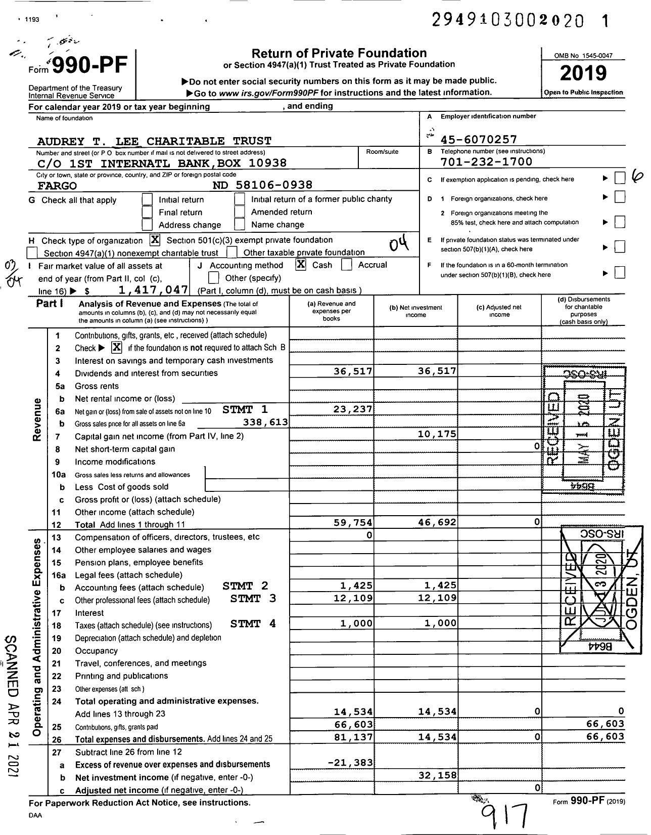 Image of first page of 2019 Form 990PF for Lee Audrey Charitable Trust 005187