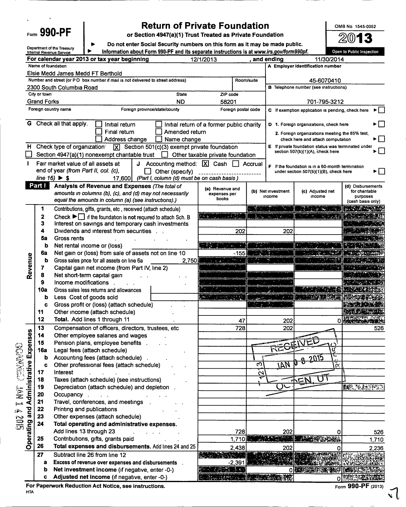 Image of first page of 2013 Form 990PF for Elsie Medd James Medd FT Berthold