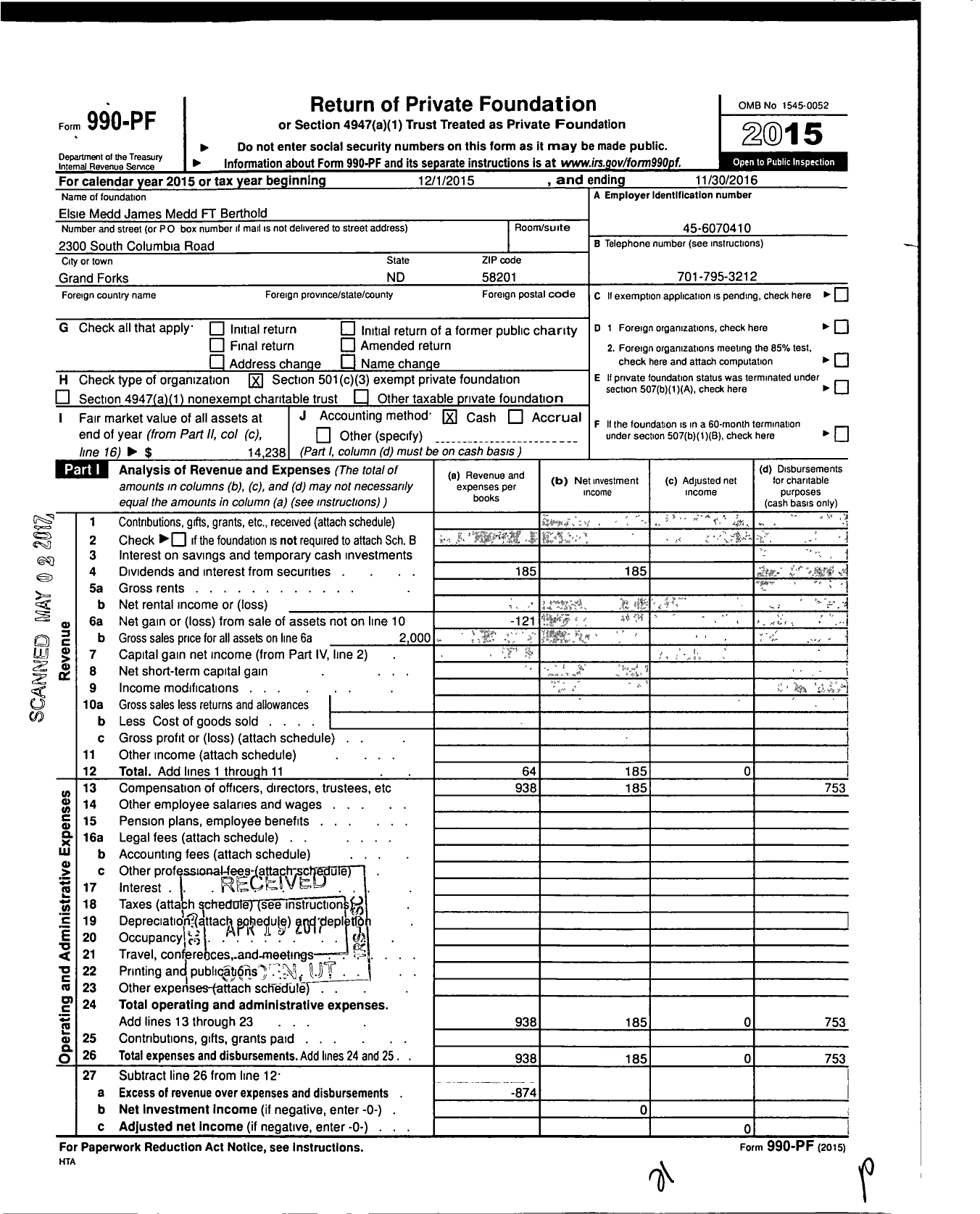 Image of first page of 2015 Form 990PF for Elsie Medd James Medd FT Berthold