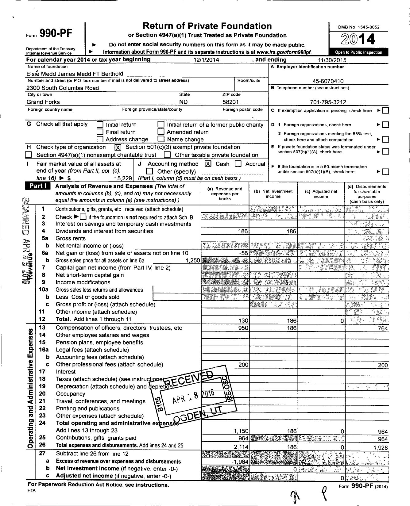 Image of first page of 2014 Form 990PF for Elsie Medd James Medd FT Berthold