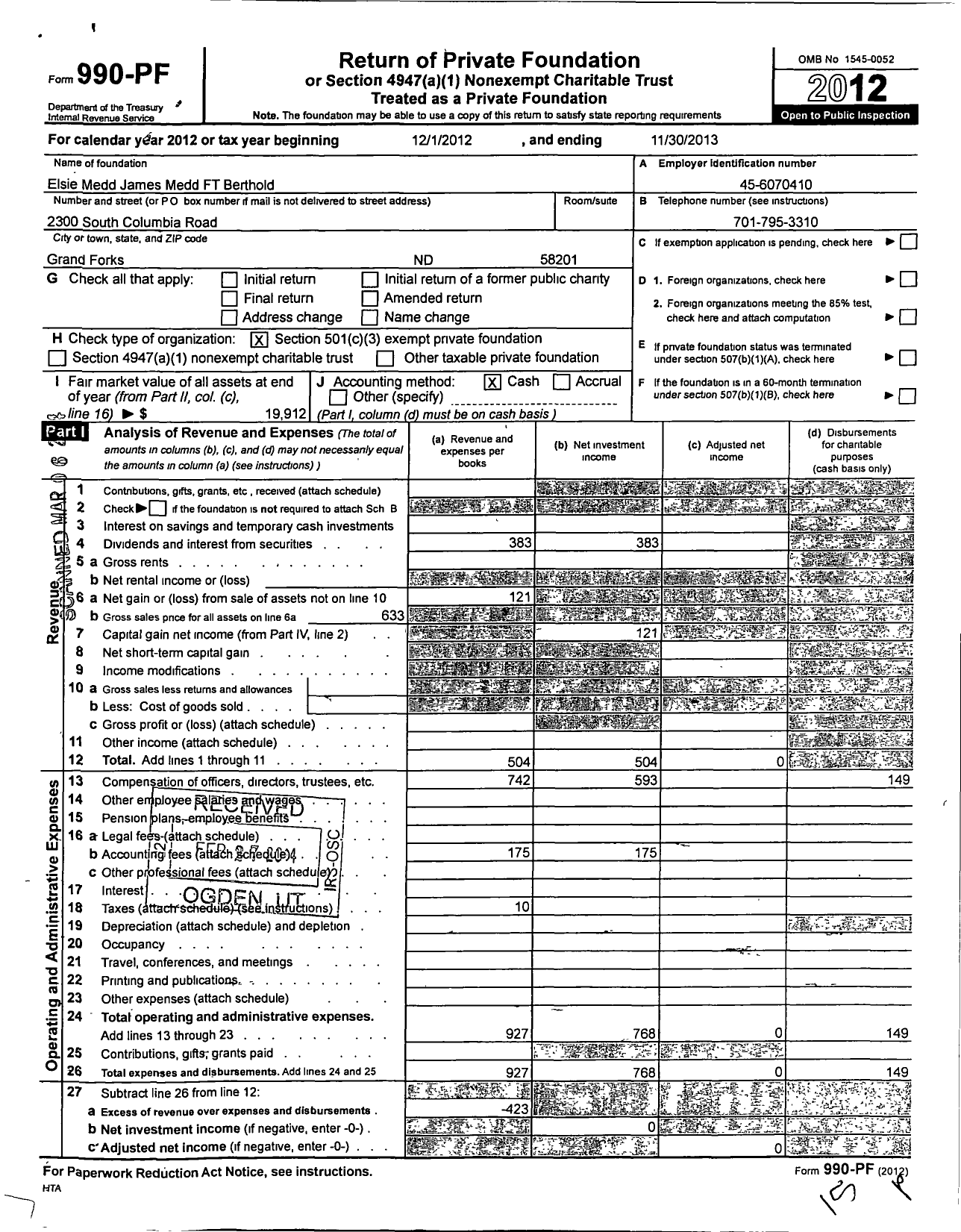 Image of first page of 2012 Form 990PF for Elsie Medd James Medd FT Berthold