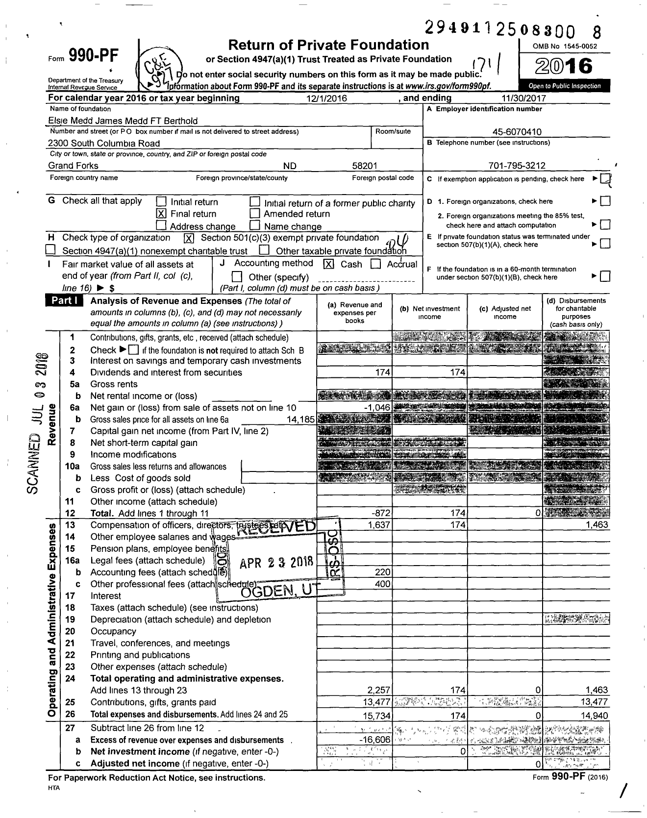 Image of first page of 2016 Form 990PF for Elsie Medd James Medd FT Berthold