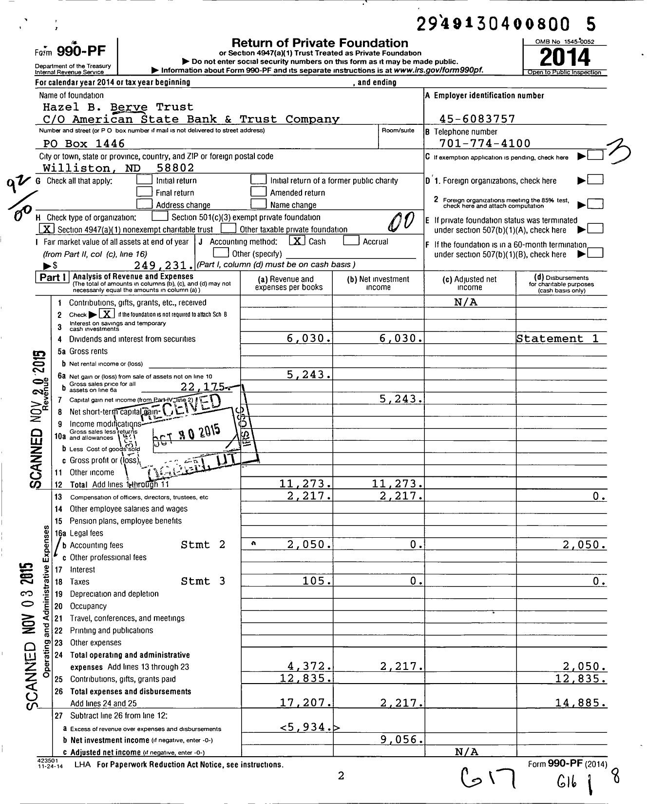 Image of first page of 2014 Form 990PF for Hazel B Berve Trust